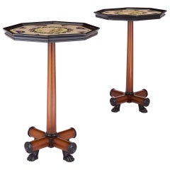 Pair English Pietra Dura Brown Wood Marine Sea Shells Side Tables