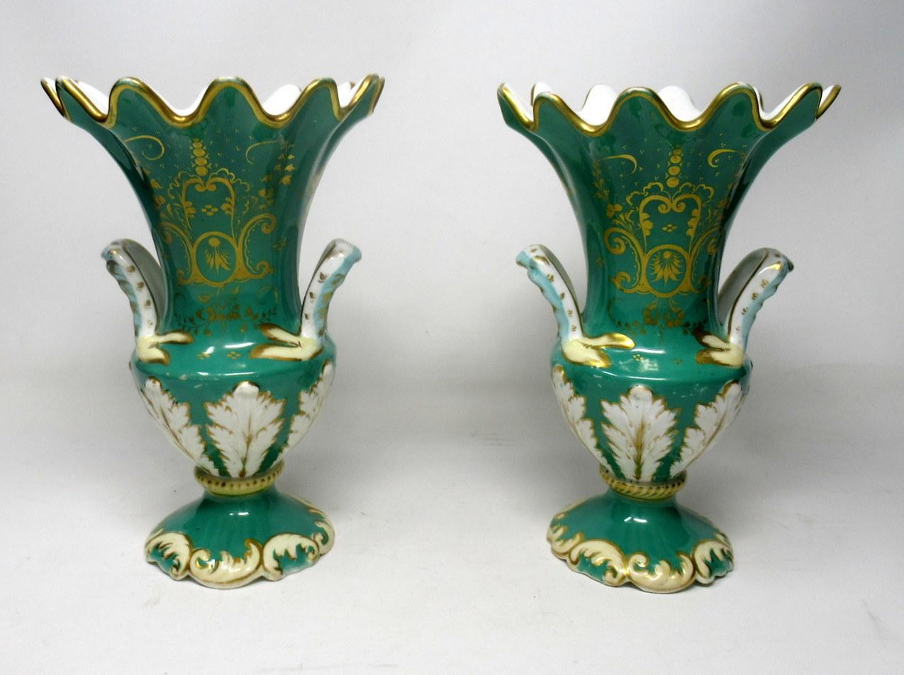 Rococo Revival Pair of English Porcelain Green Samuel Alcock Vases Still Life Flowers