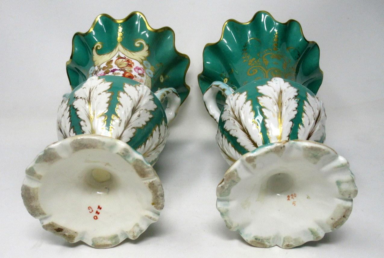 Ceramic Pair of English Porcelain Green Samuel Alcock Vases Still Life Flowers