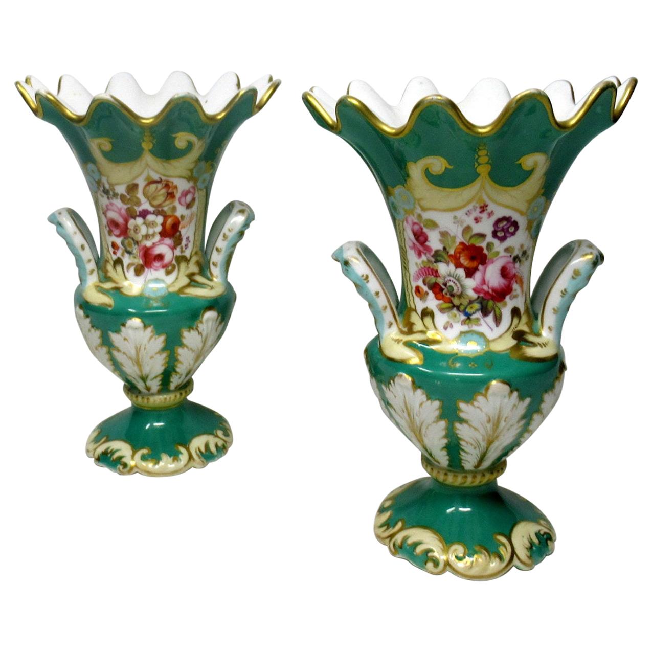 Pair of English Porcelain Green Samuel Alcock Vases Still Life Flowers
