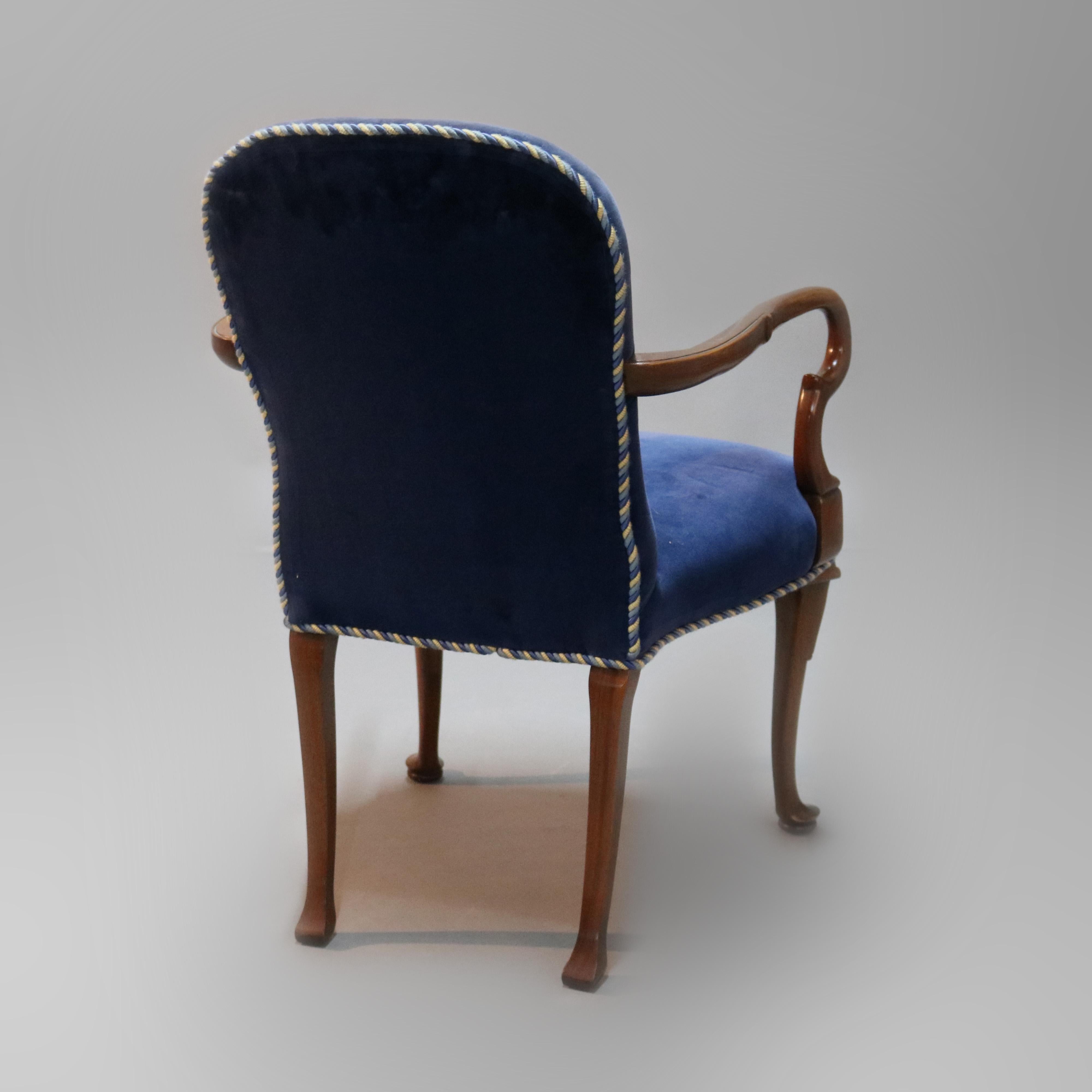 Pair of English Queen Anne Style Sapphire Blue Velvet and Mahogany Armchairs 2