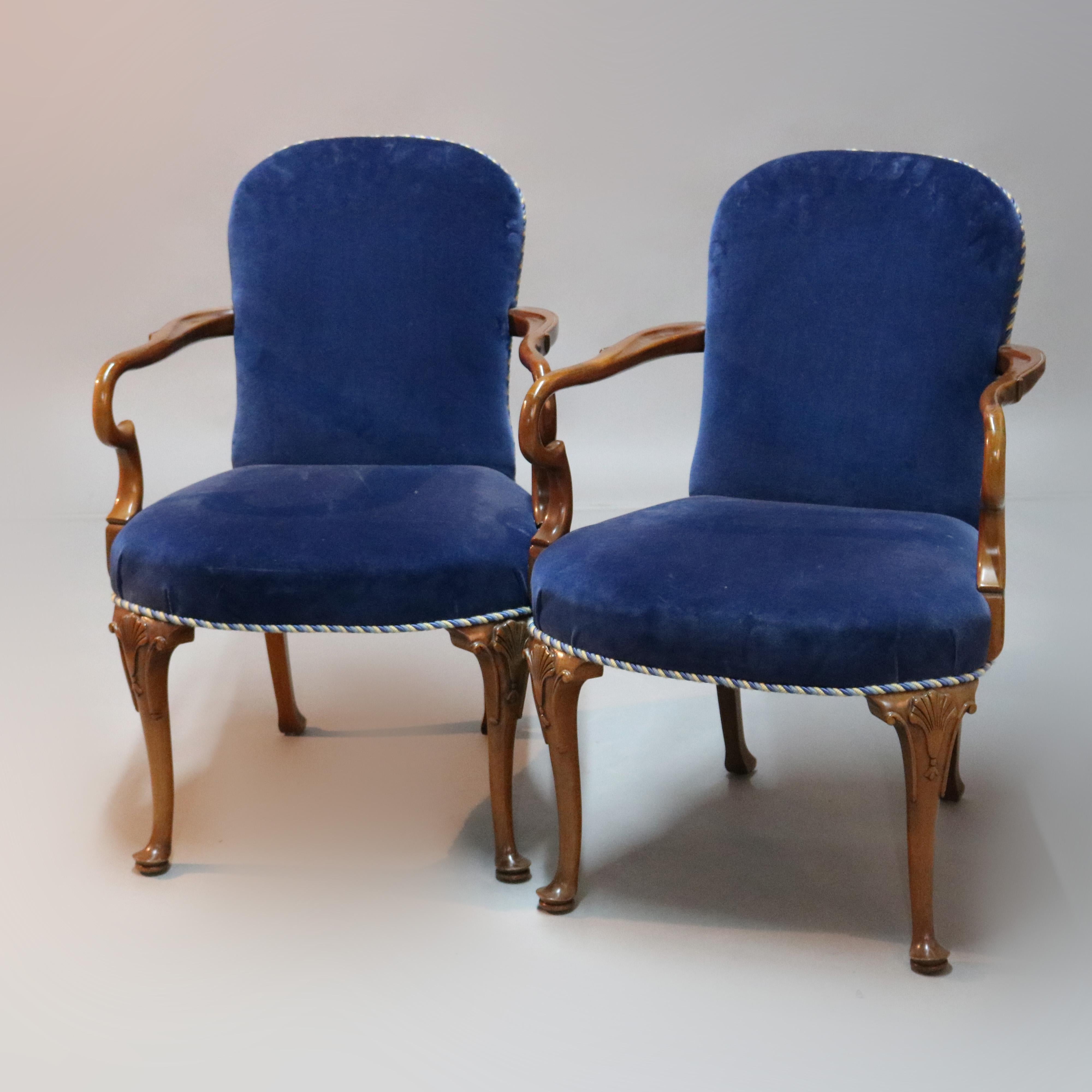 Pair of English Queen Anne Style Sapphire Blue Velvet and Mahogany Armchairs 4
