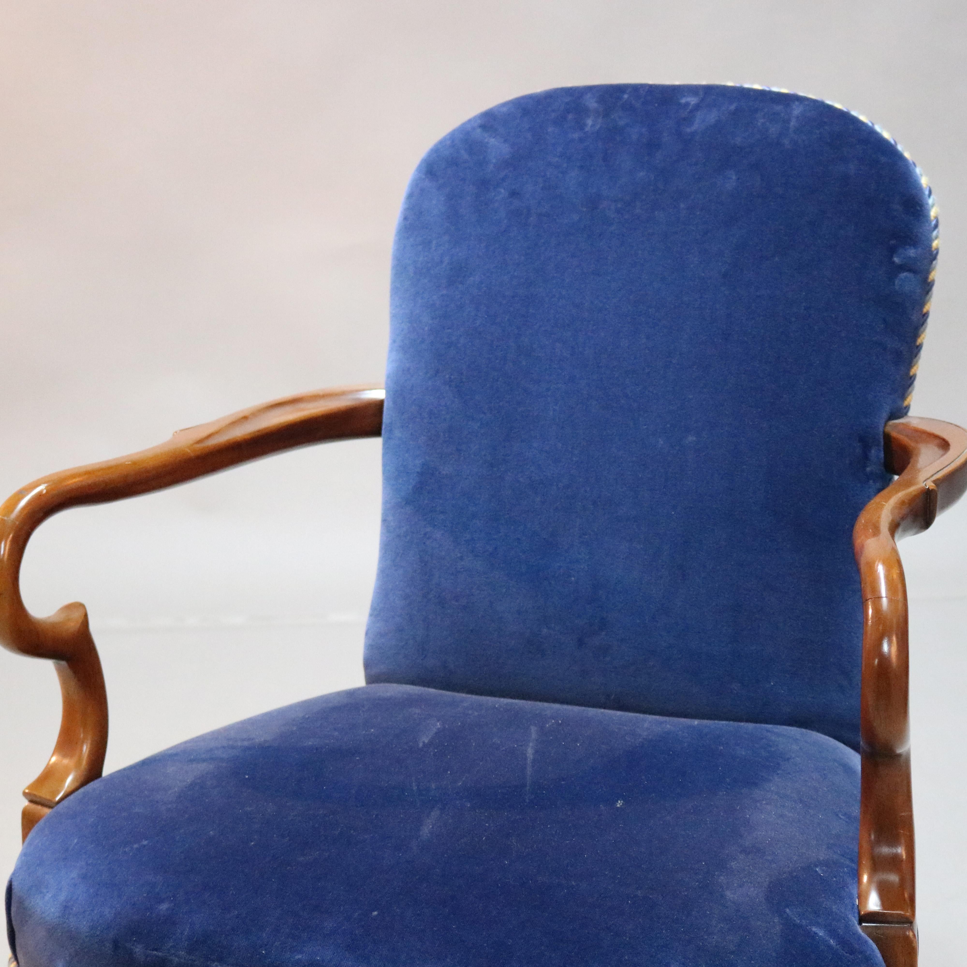 Pair of English Queen Anne Style Sapphire Blue Velvet and Mahogany Armchairs 5
