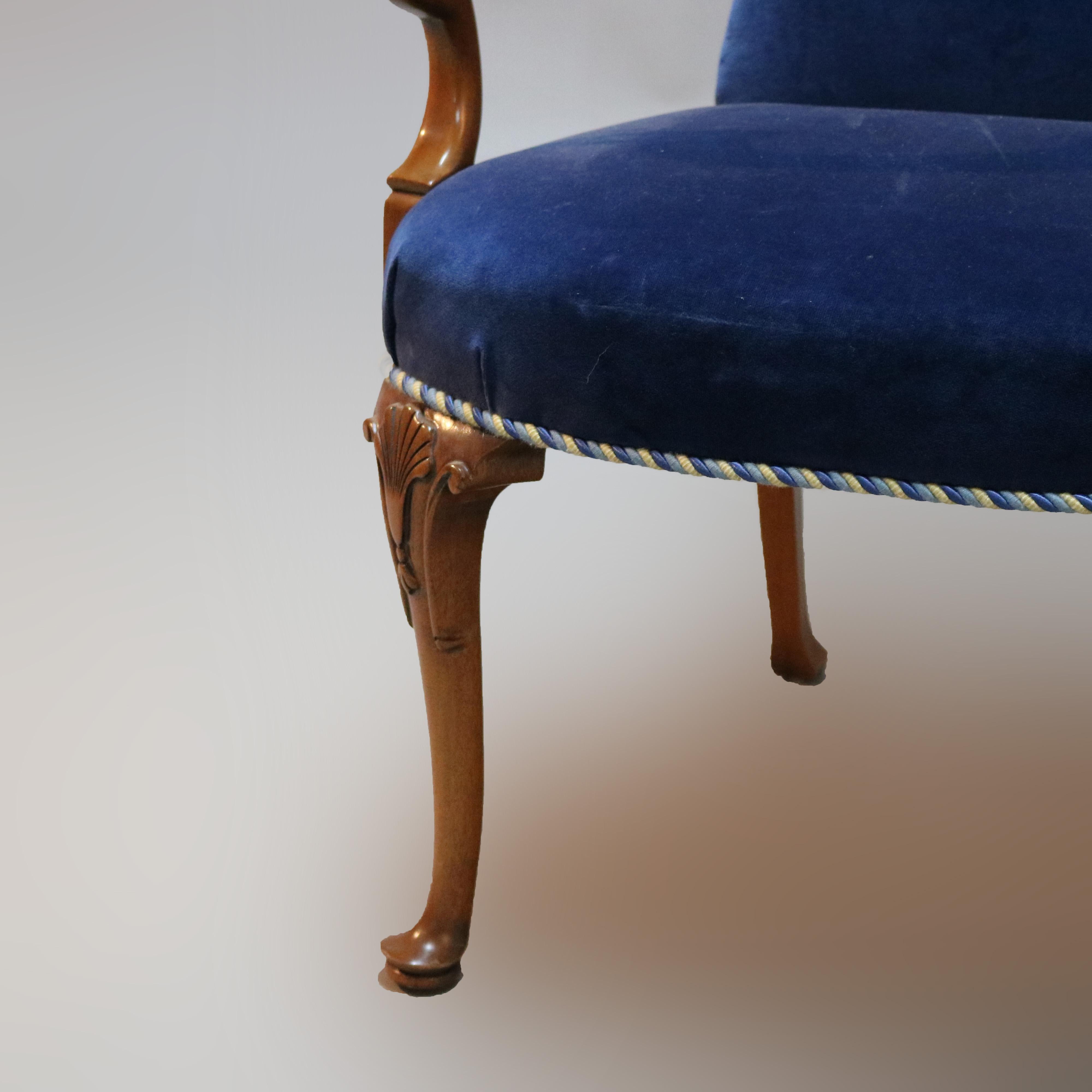 Pair of English Queen Anne Style Sapphire Blue Velvet and Mahogany Armchairs 8