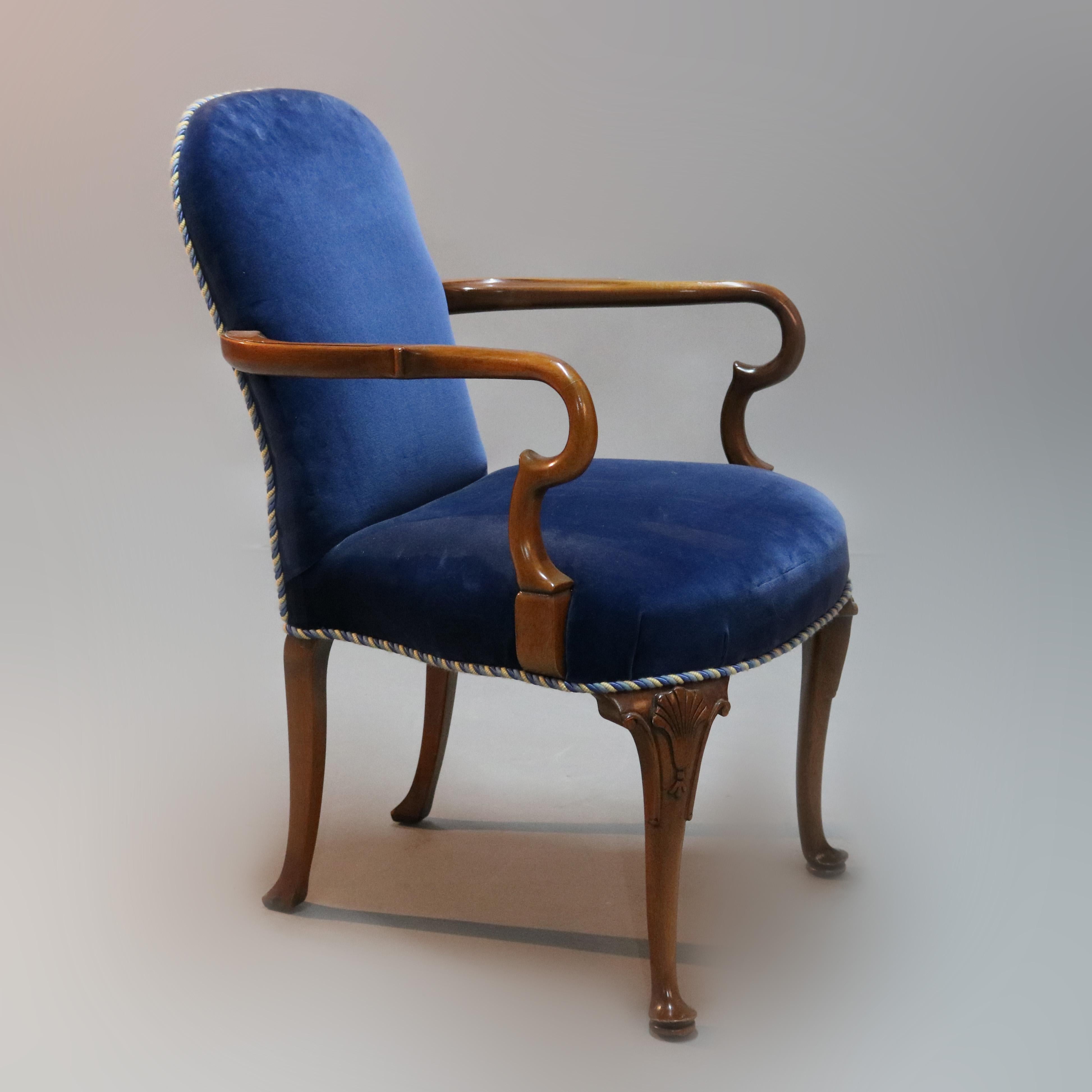 Pair of English Queen Anne Style Sapphire Blue Velvet and Mahogany Armchairs In Good Condition In Big Flats, NY