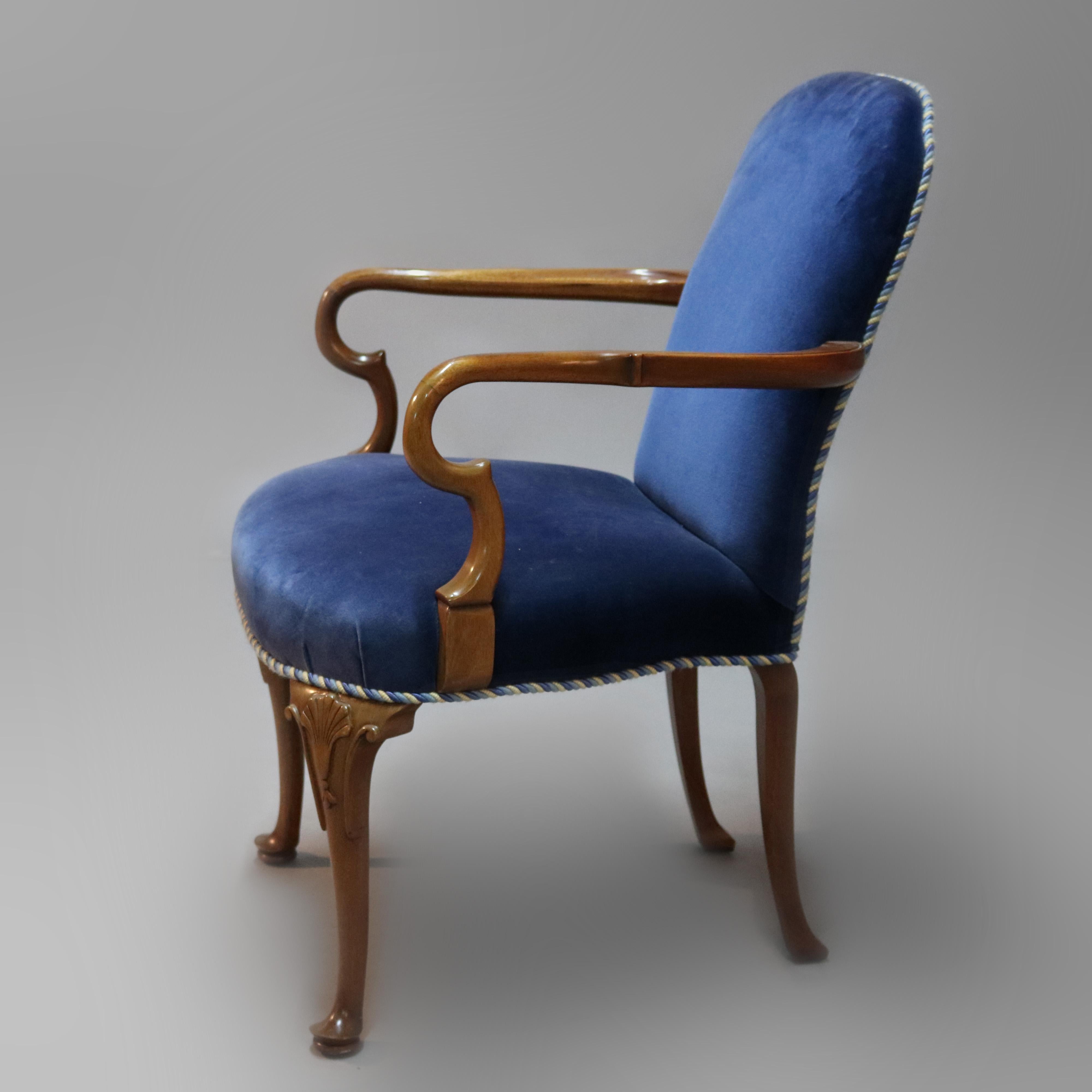 Wood Pair of English Queen Anne Style Sapphire Blue Velvet and Mahogany Armchairs
