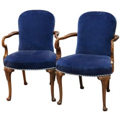 Vintage Pair of English Queen Anne Style Sapphire Blue Velvet and Mahogany Armchairs