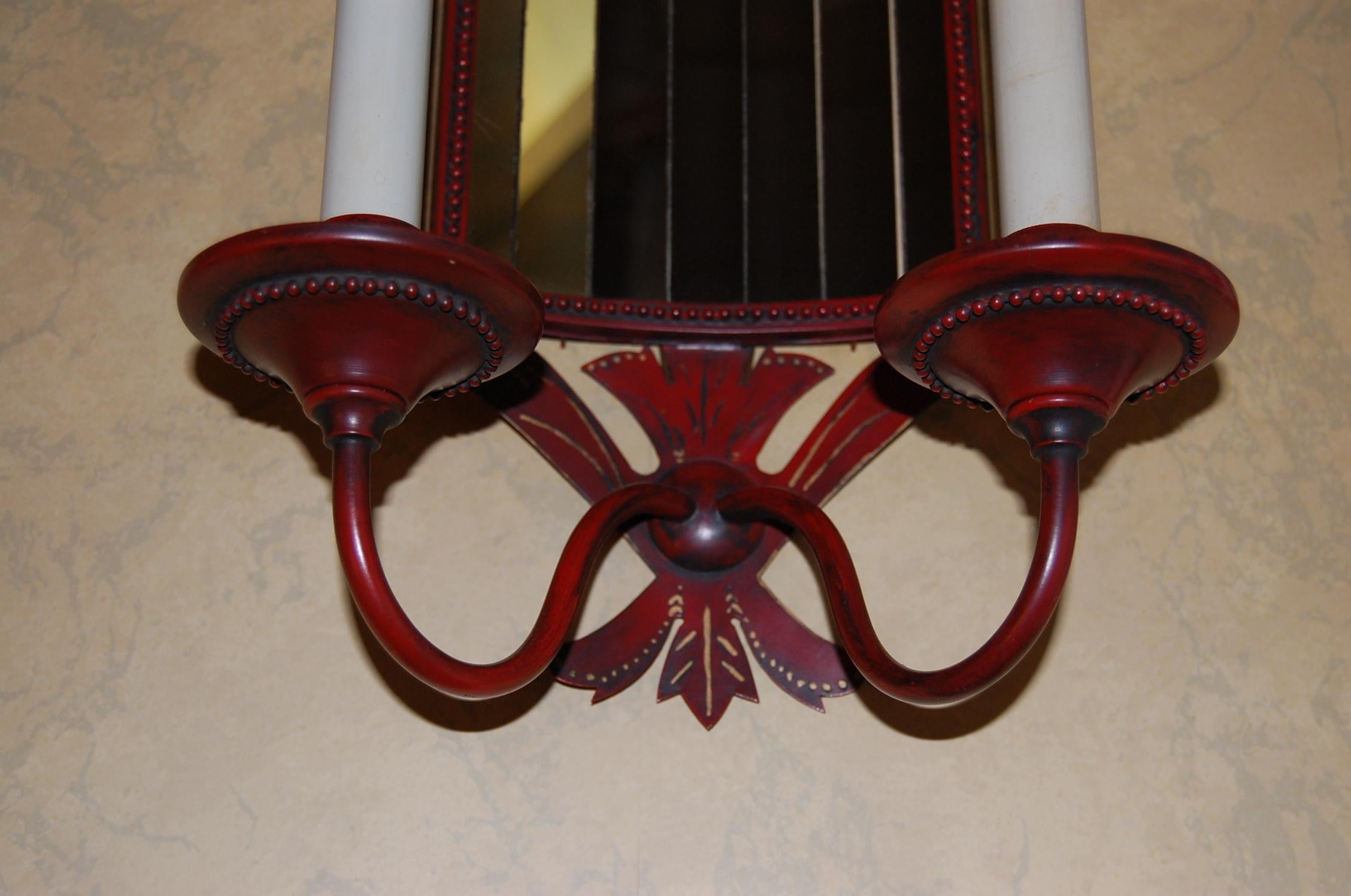 Pair of French Red Painted & Decorated Tole Sconces with Mirrored Panels For Sale 4