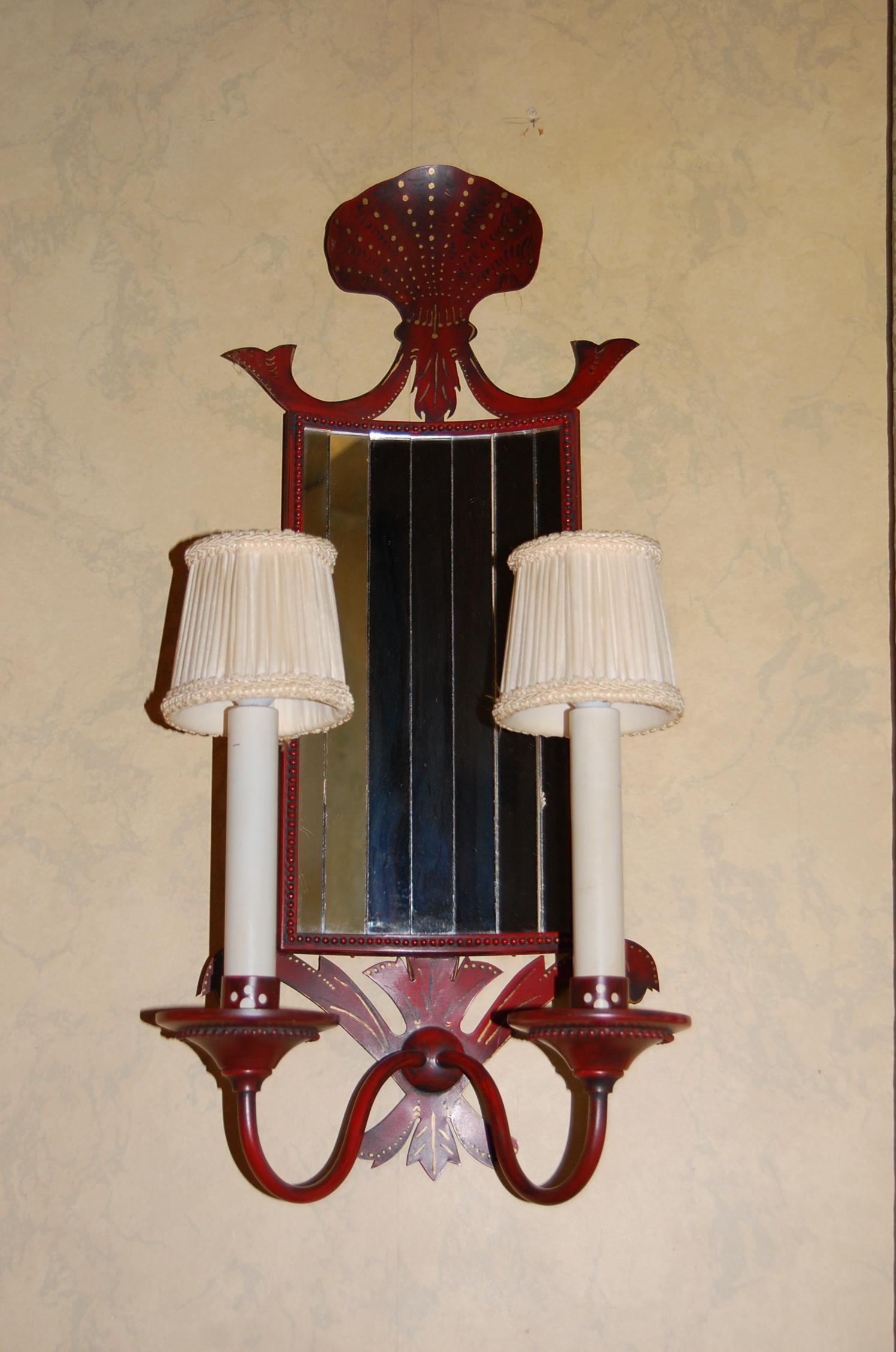 Edwardian Pair of French Red Painted & Decorated Tole Sconces with Mirrored Panels For Sale