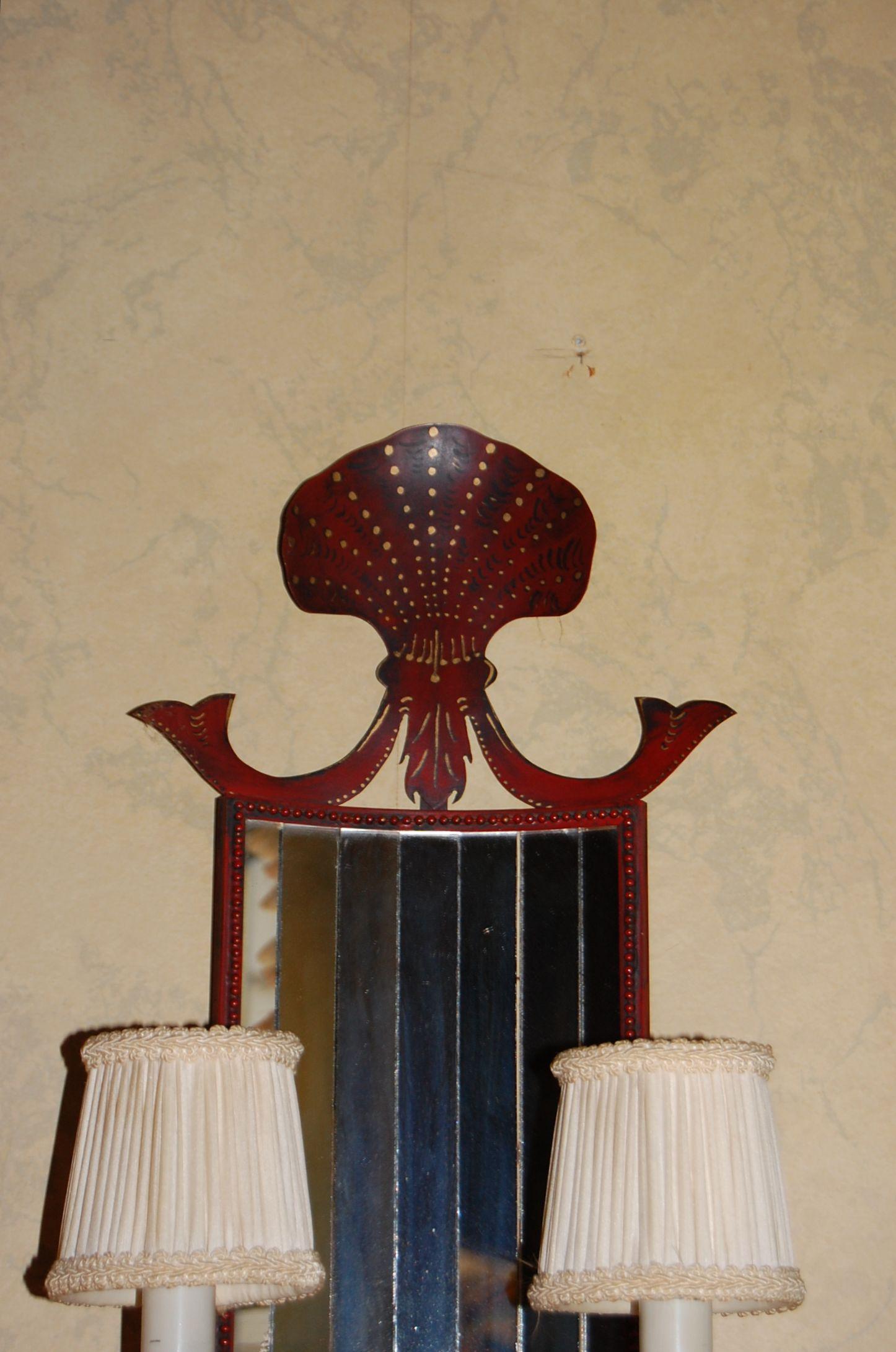 Hand-Crafted Pair of French Red Painted & Decorated Tole Sconces with Mirrored Panels For Sale