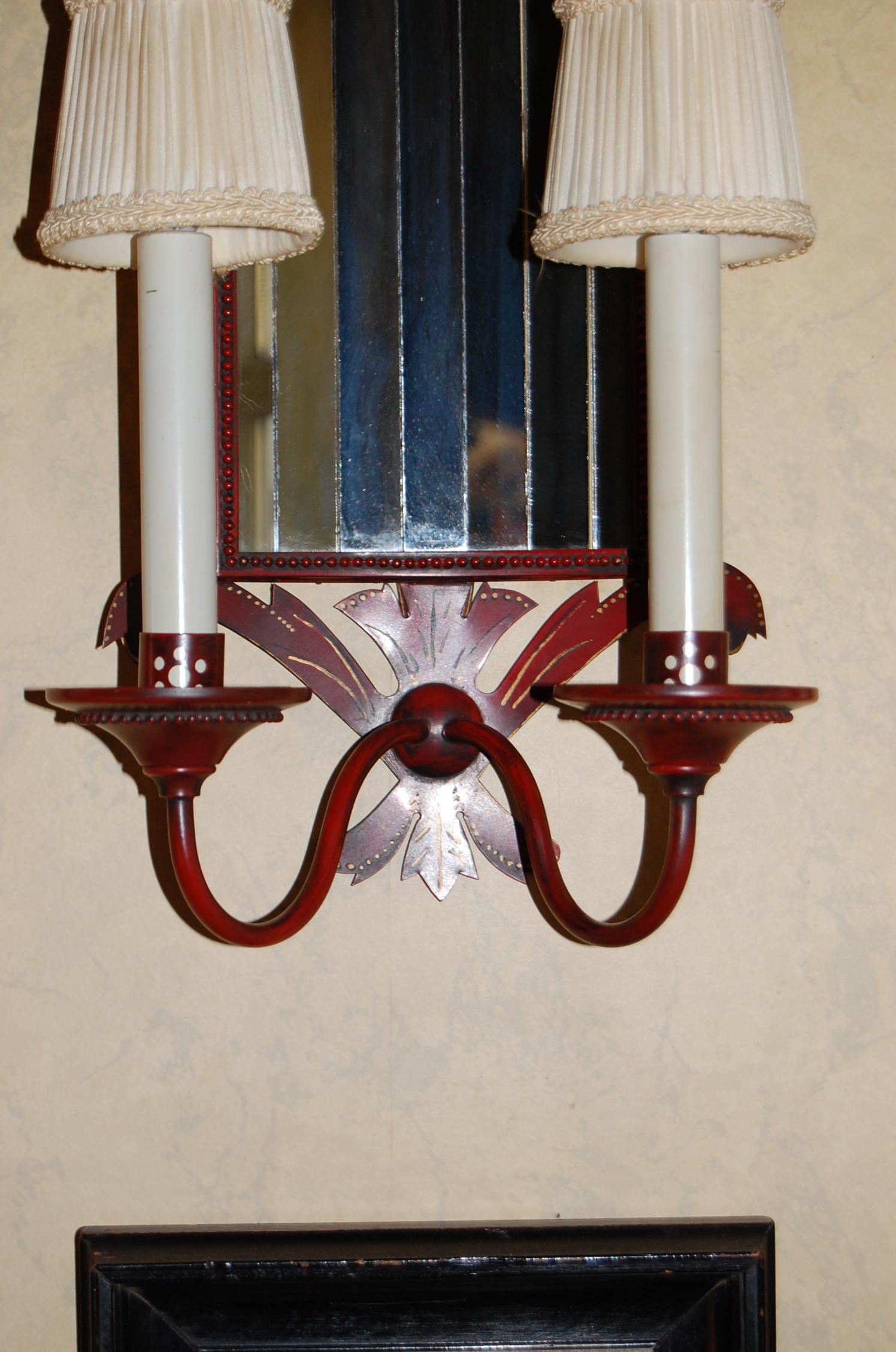 Pair of French Red Painted & Decorated Tole Sconces with Mirrored Panels In Good Condition For Sale In Pittsburgh, PA