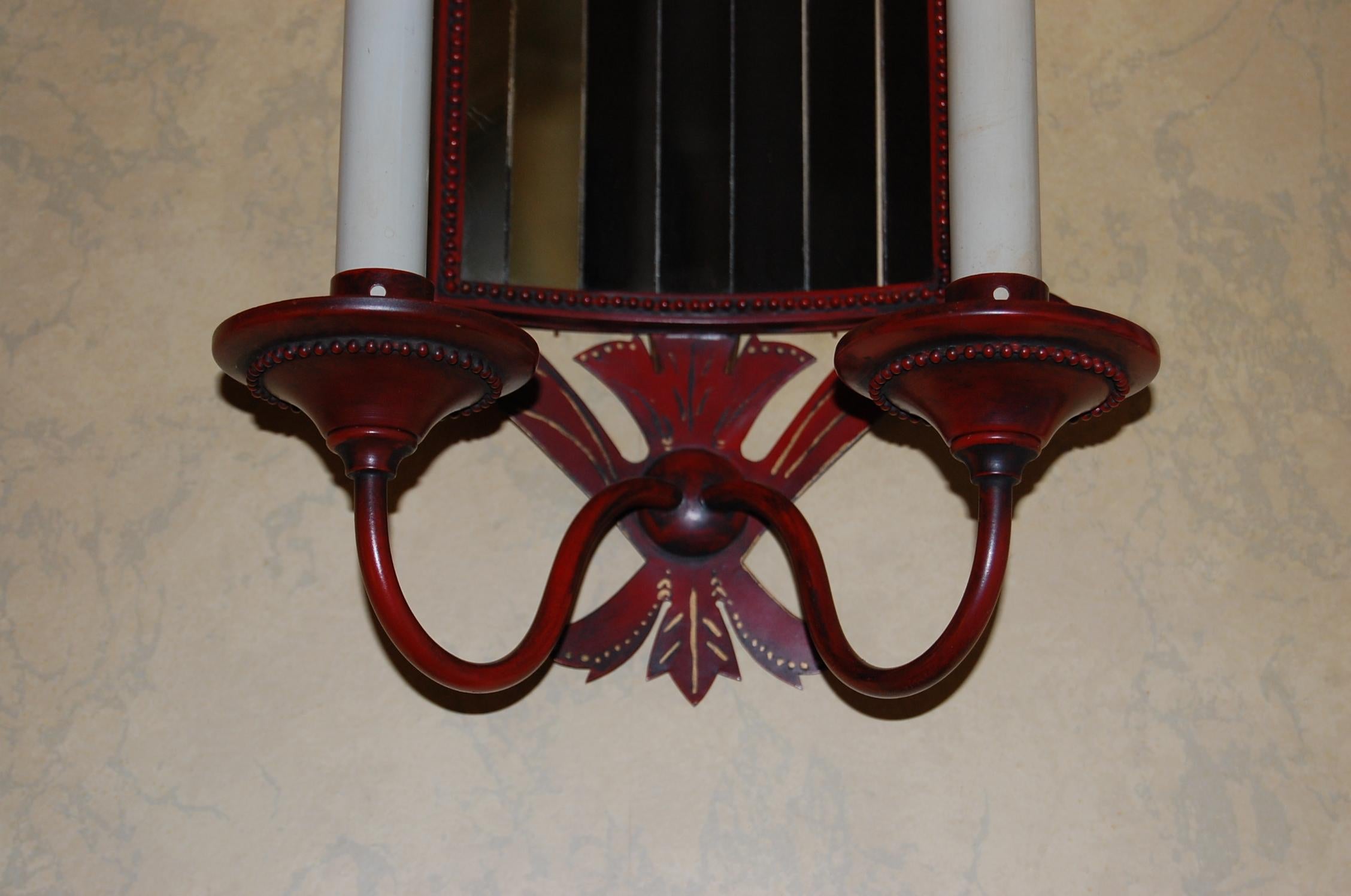 Early 20th Century Pair of French Red Painted & Decorated Tole Sconces with Mirrored Panels For Sale
