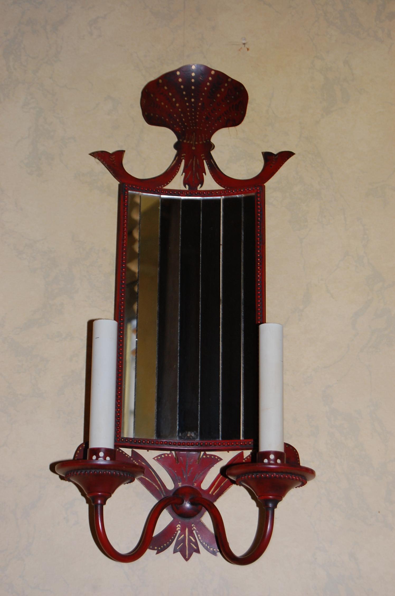 Steel Pair of French Red Painted & Decorated Tole Sconces with Mirrored Panels For Sale