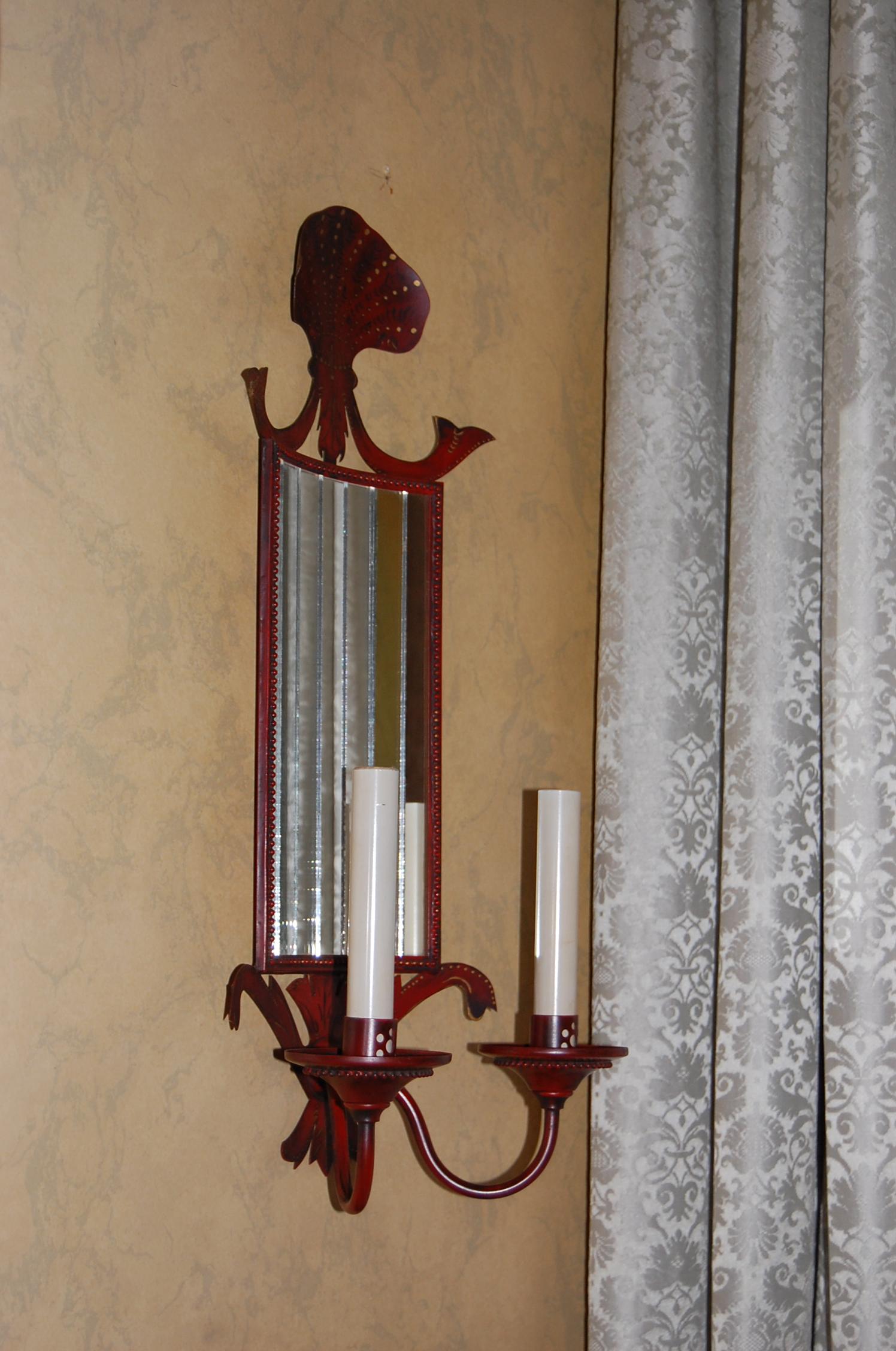 Pair of French Red Painted & Decorated Tole Sconces with Mirrored Panels For Sale 1