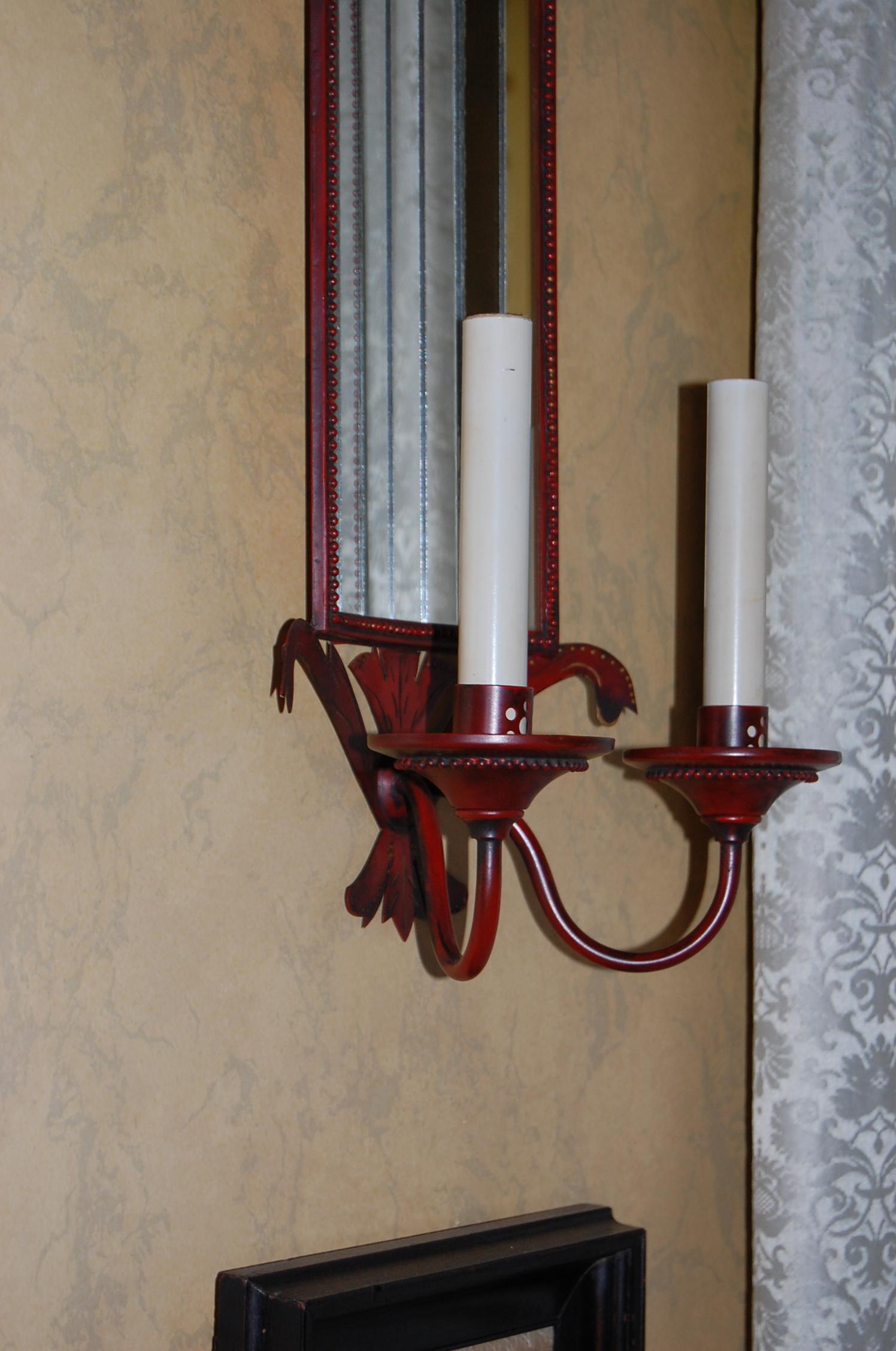 Pair of French Red Painted & Decorated Tole Sconces with Mirrored Panels For Sale 2