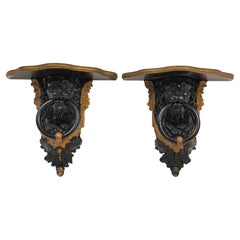 Pair English Regency Black Lacquere & Gold Wall Brackets w/ Lion Masks & Rings