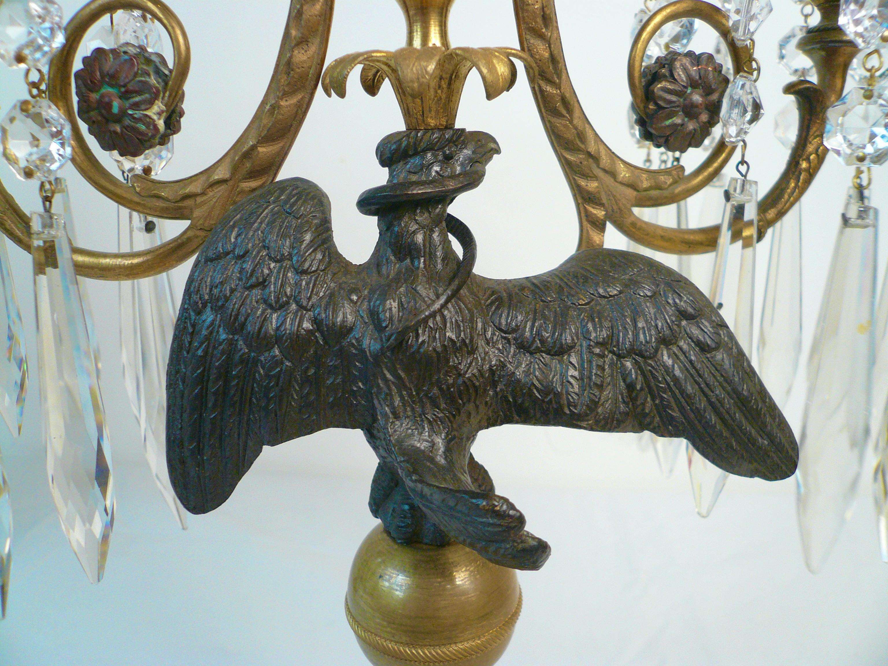 Pair English Regency Bronze and Crystal Eagle Form Candelabra 5