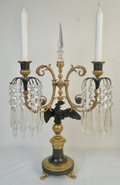 Pair English Regency Bronze and Crystal Eagle Form Candelabra