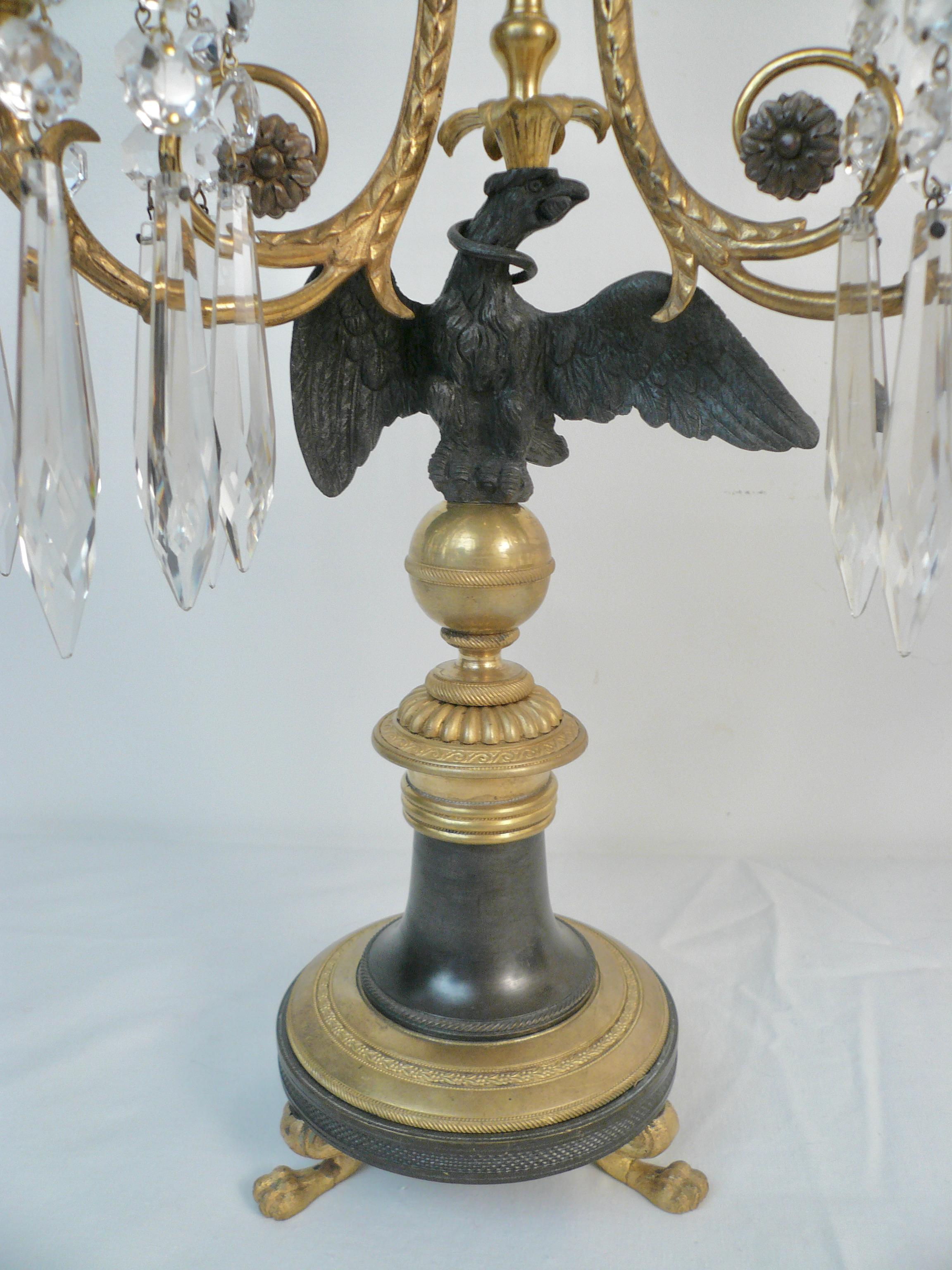 Pair English Regency Bronze and Crystal Eagle Form Candelabra 2