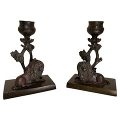 Antique Pair English Regency Bronze Dog Candlesticks