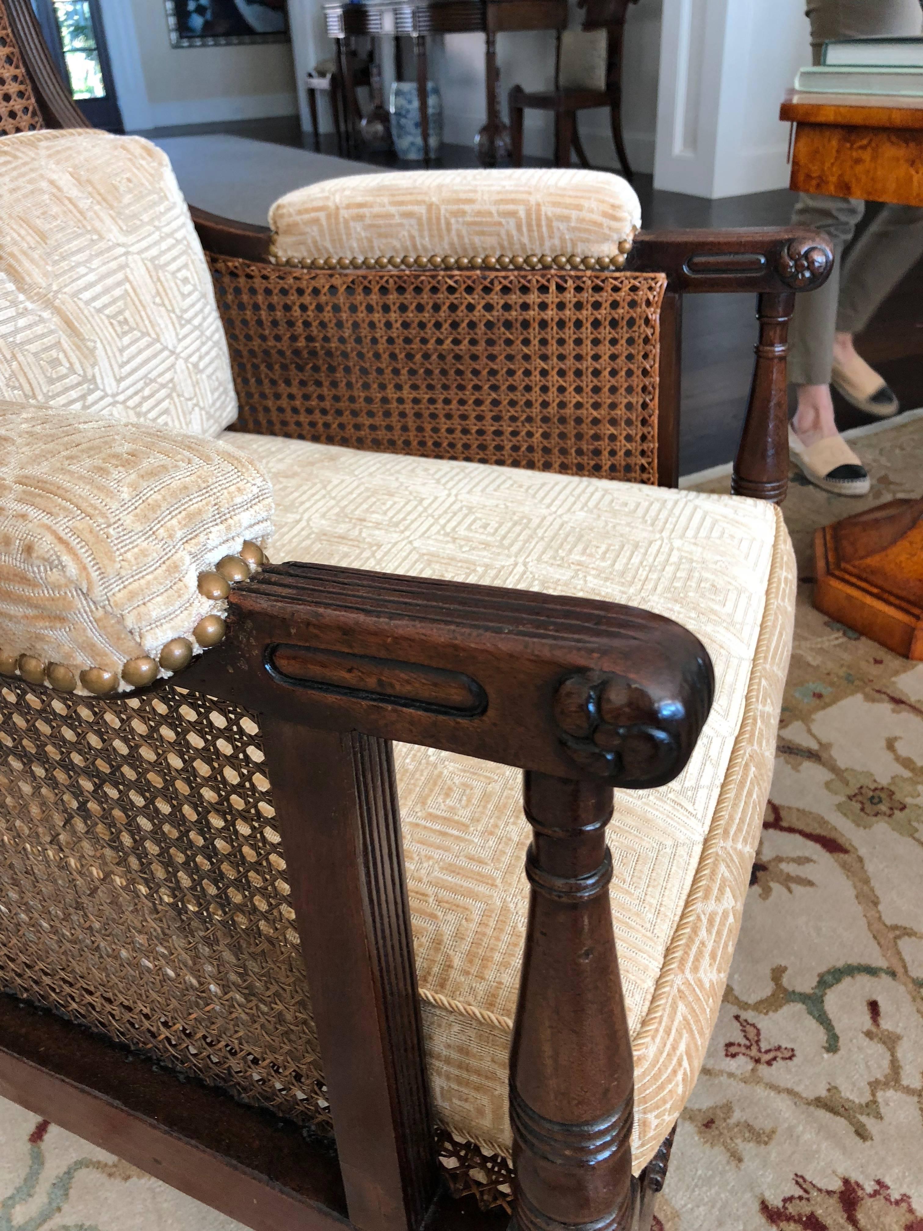 Early 19th Century Pair of English Regency Caned Library Bergere Armchairs