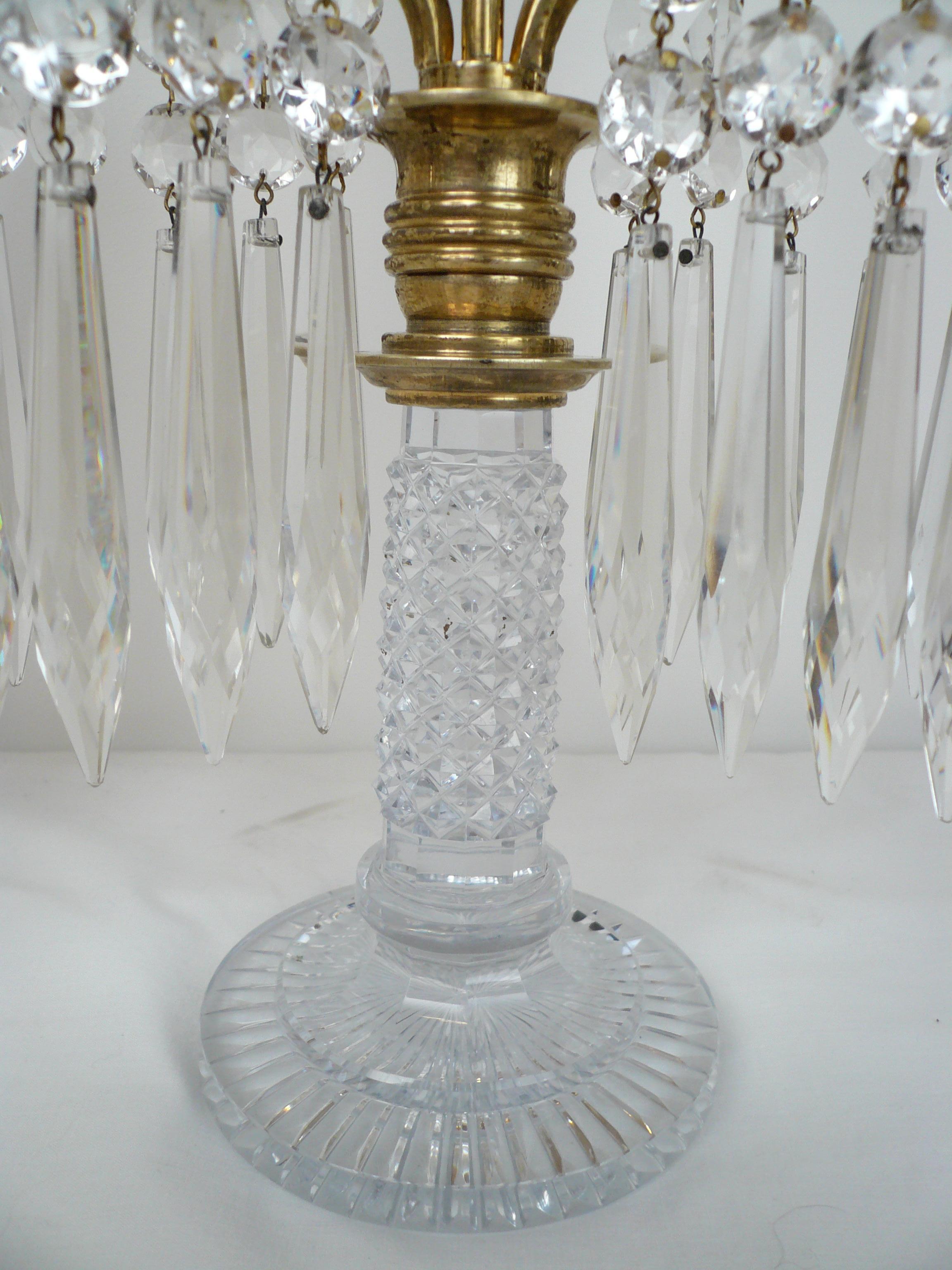 Pair English Regency Cut Glass Candelabra or Lustres Attributed to John Blades In Good Condition For Sale In Pittsburgh, PA