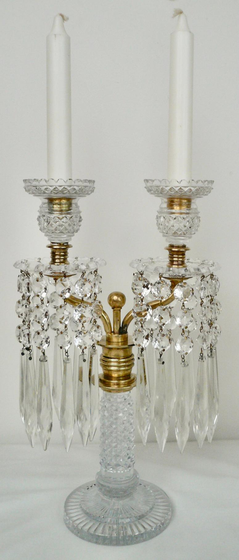 Crystal Pair English Regency Cut Glass Candelabra or Lustres Attributed to John Blades For Sale