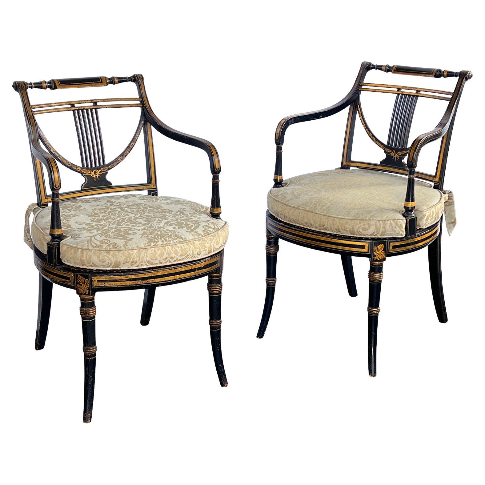 Pair English Regency Ebonized and Parcel-gilt Armchairs with Caned Seat For Sale