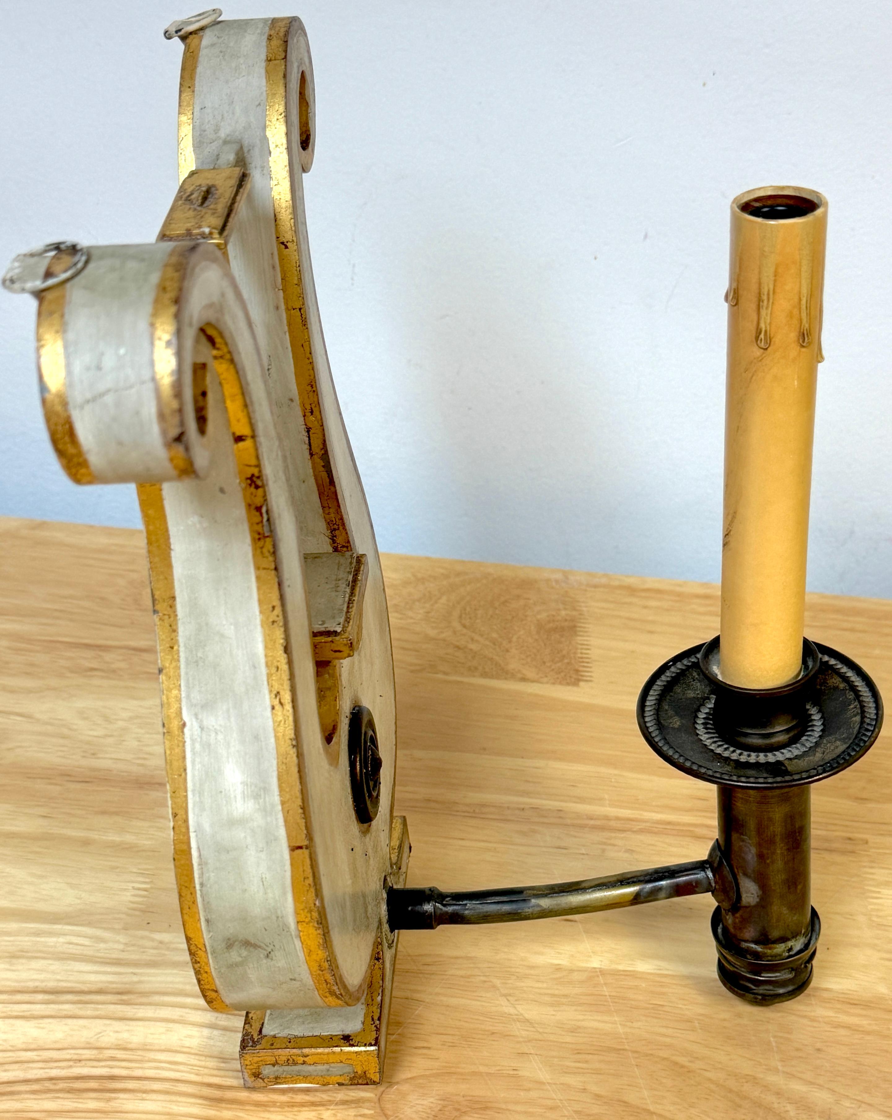 Pair English Regency Gray Painted Tole & Brass Lyre Motif Wall Sconces 5