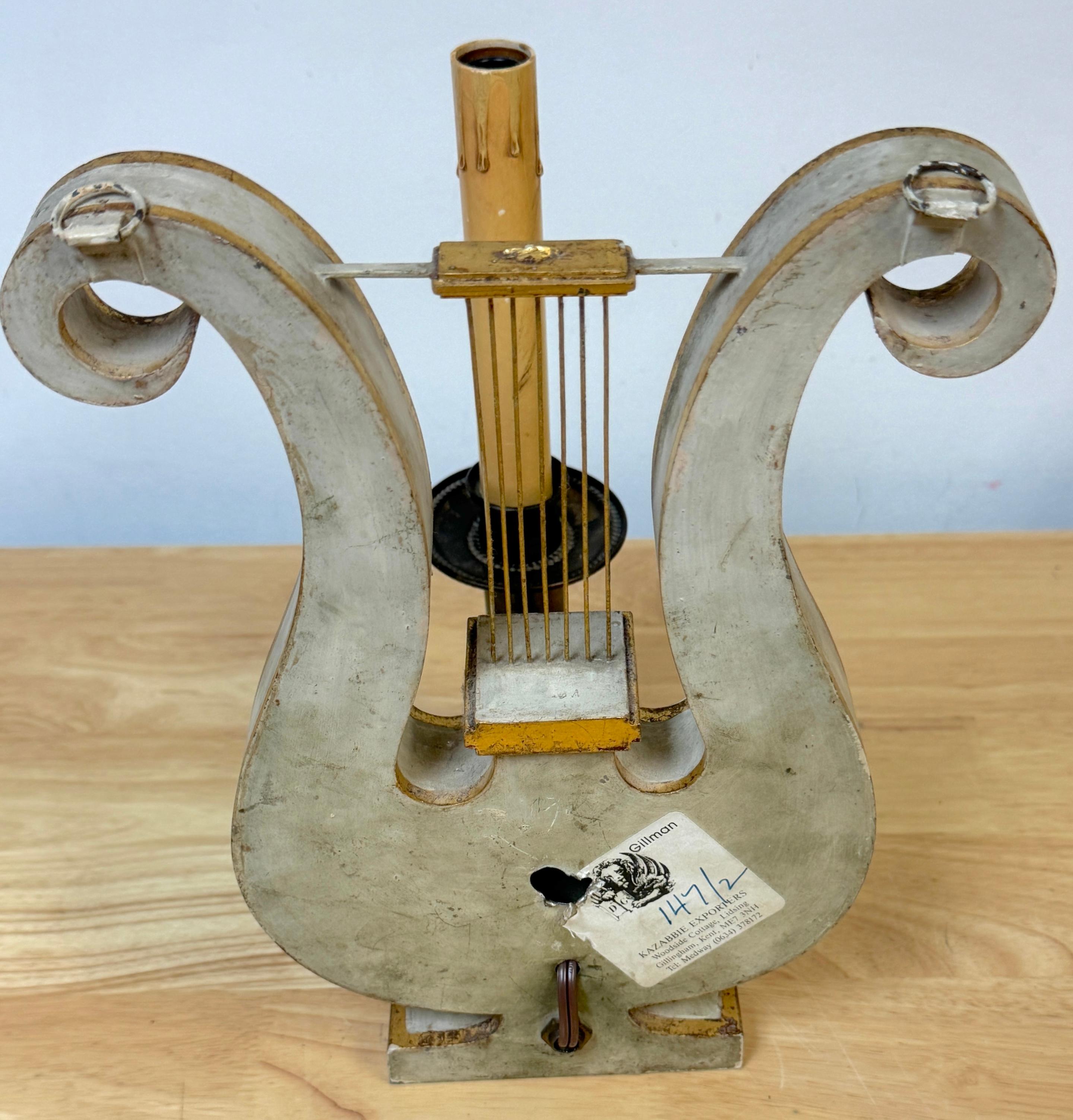 Pair English Regency Gray Painted Tole & Brass Lyre Motif Wall Sconces 6