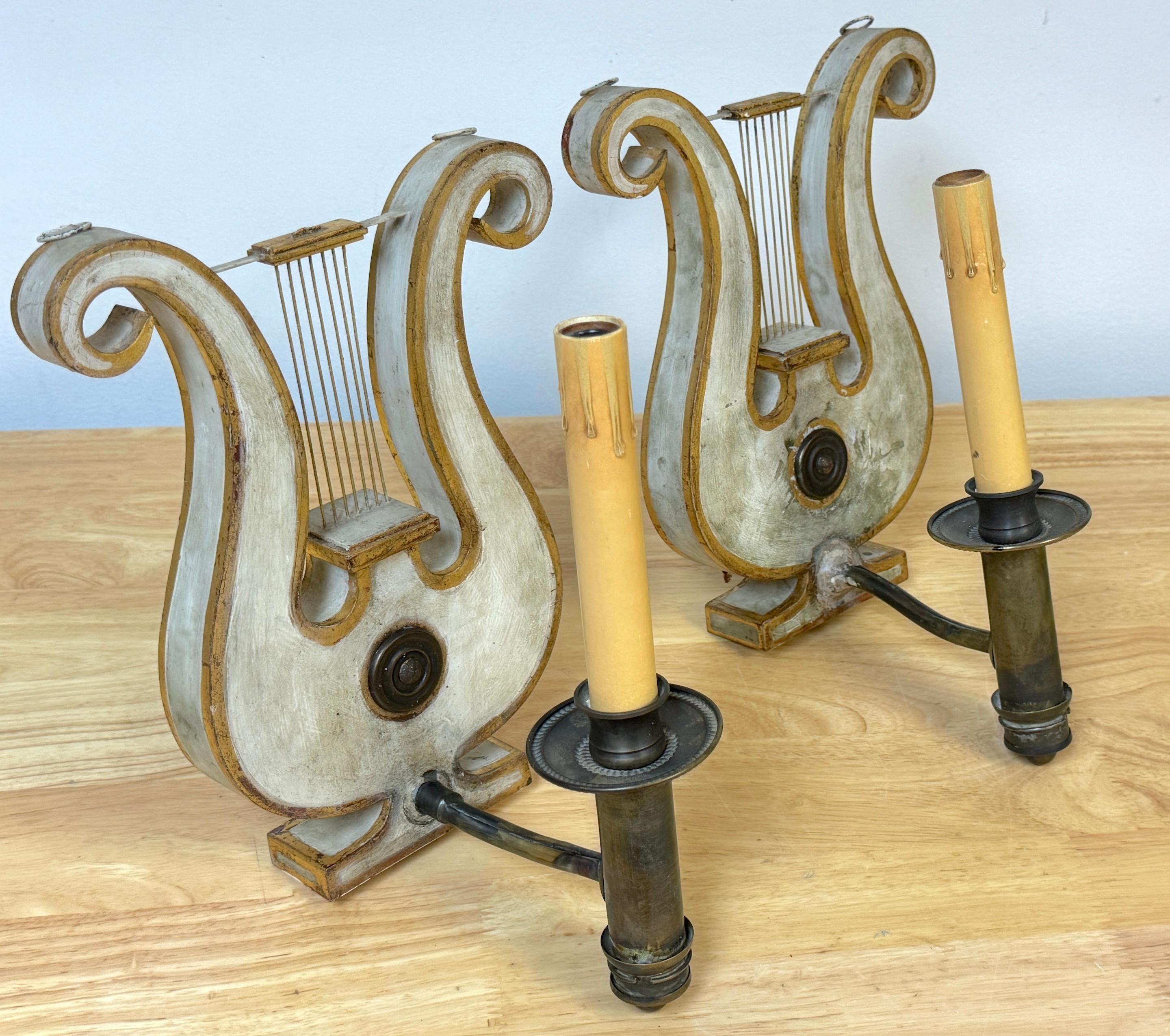 Pair English Regency Gray Painted Tole & Brass Lyre Motif Wall Sconces 9