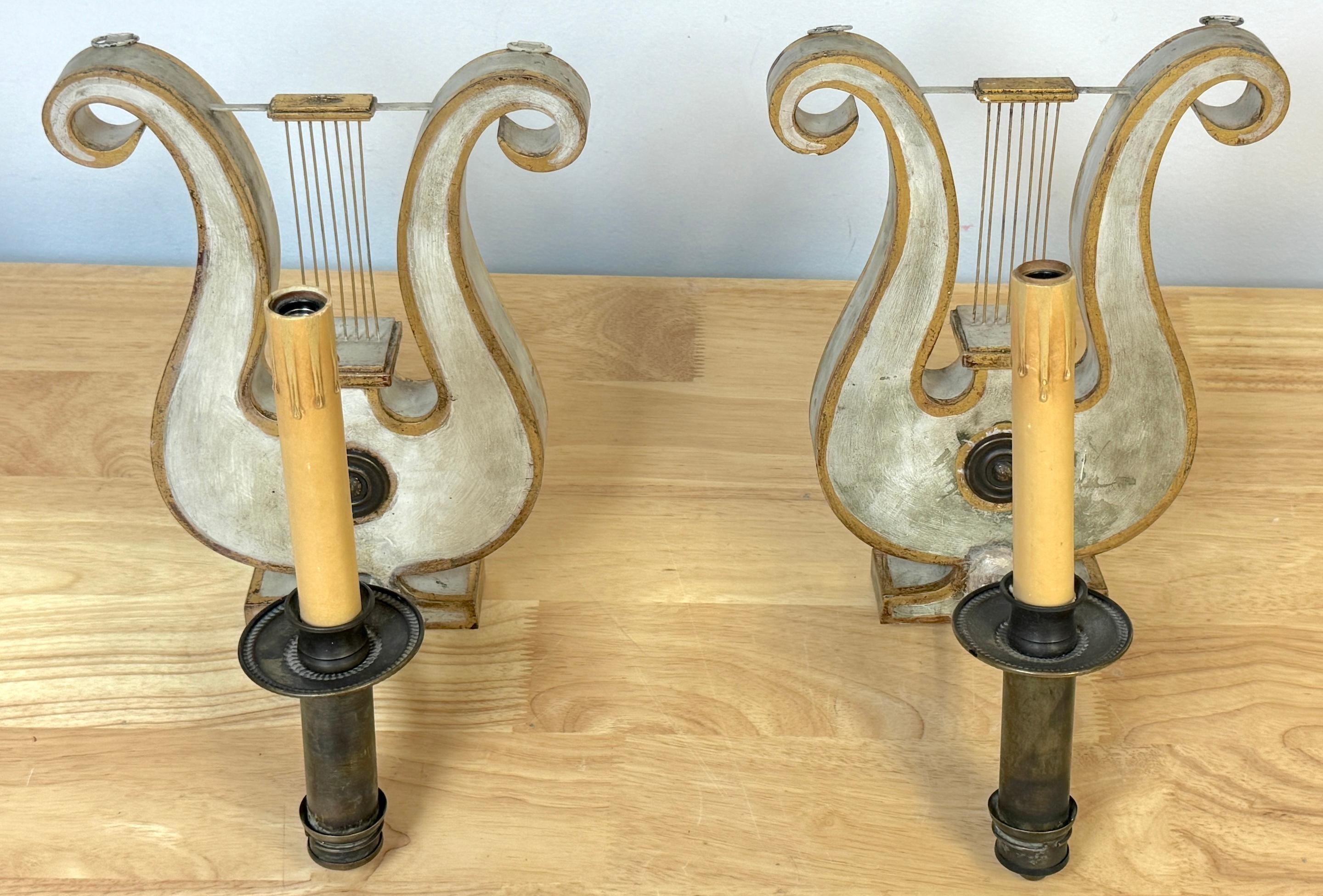 Pair English Regency Gray Painted Tole & Brass Lyre Motif Wall Sconces 10