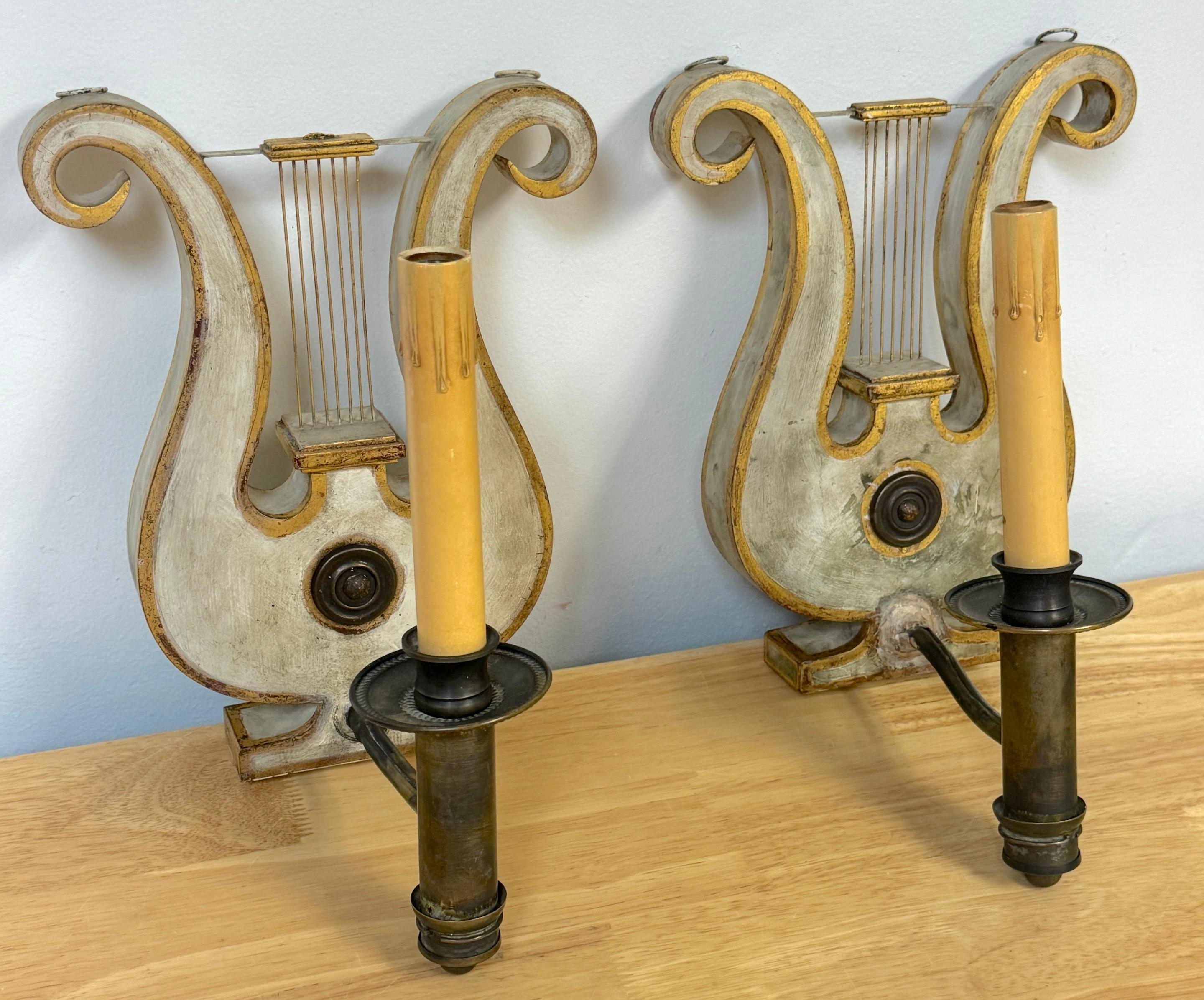 French Pair English Regency Gray Painted Tole & Brass Lyre Motif Wall Sconces