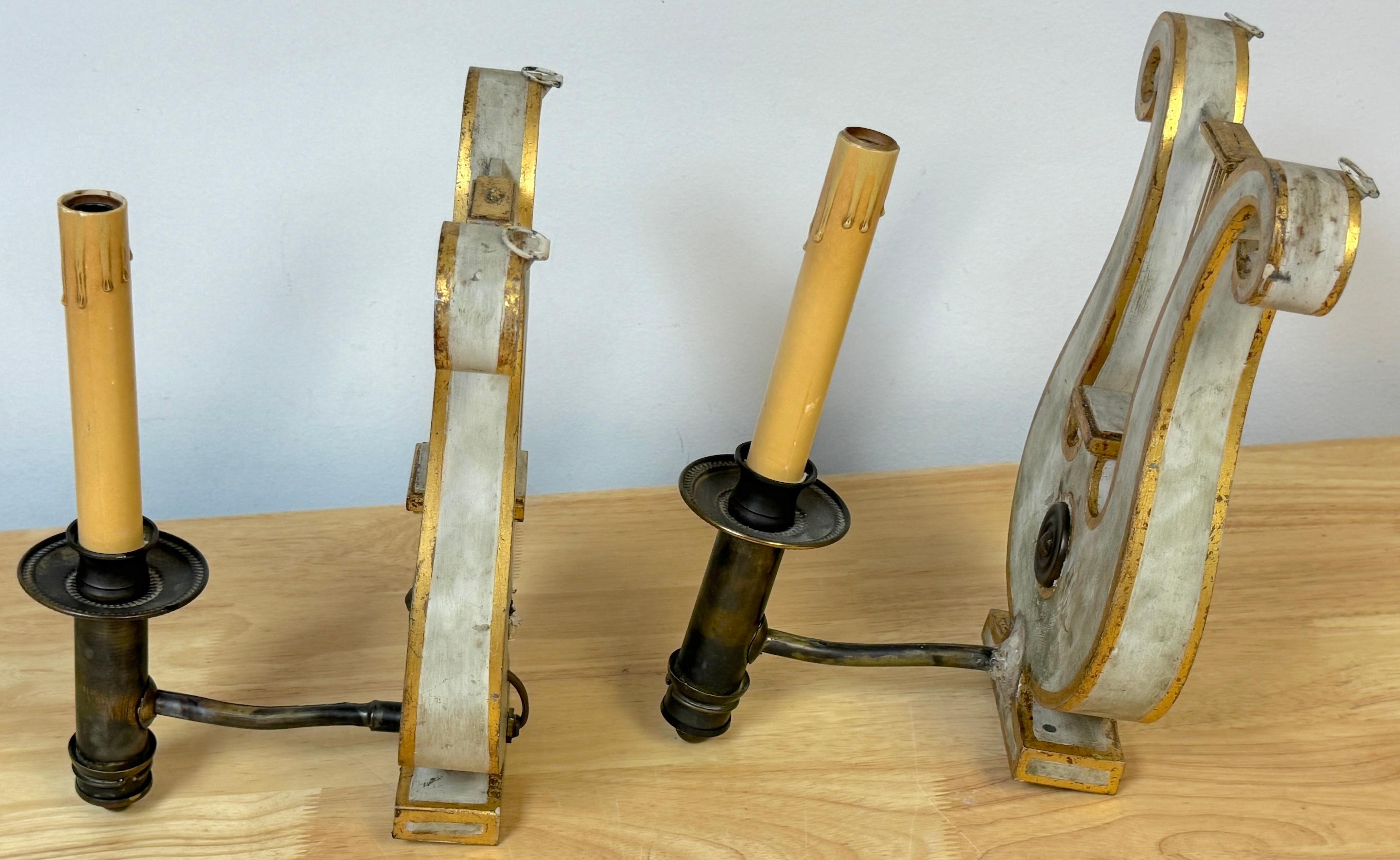 Metal Pair English Regency Gray Painted Tole & Brass Lyre Motif Wall Sconces