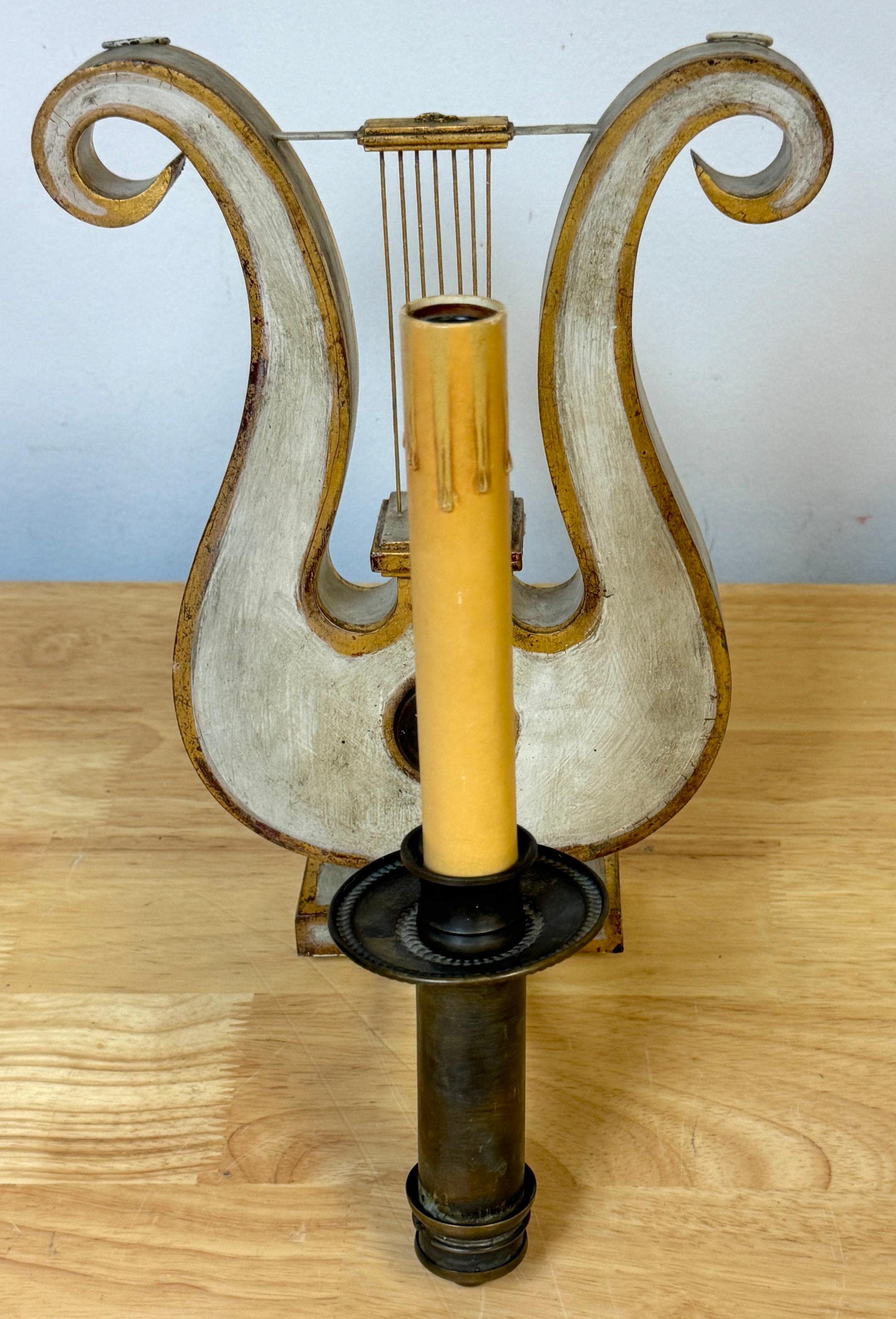 Pair English Regency Gray Painted Tole & Brass Lyre Motif Wall Sconces 1