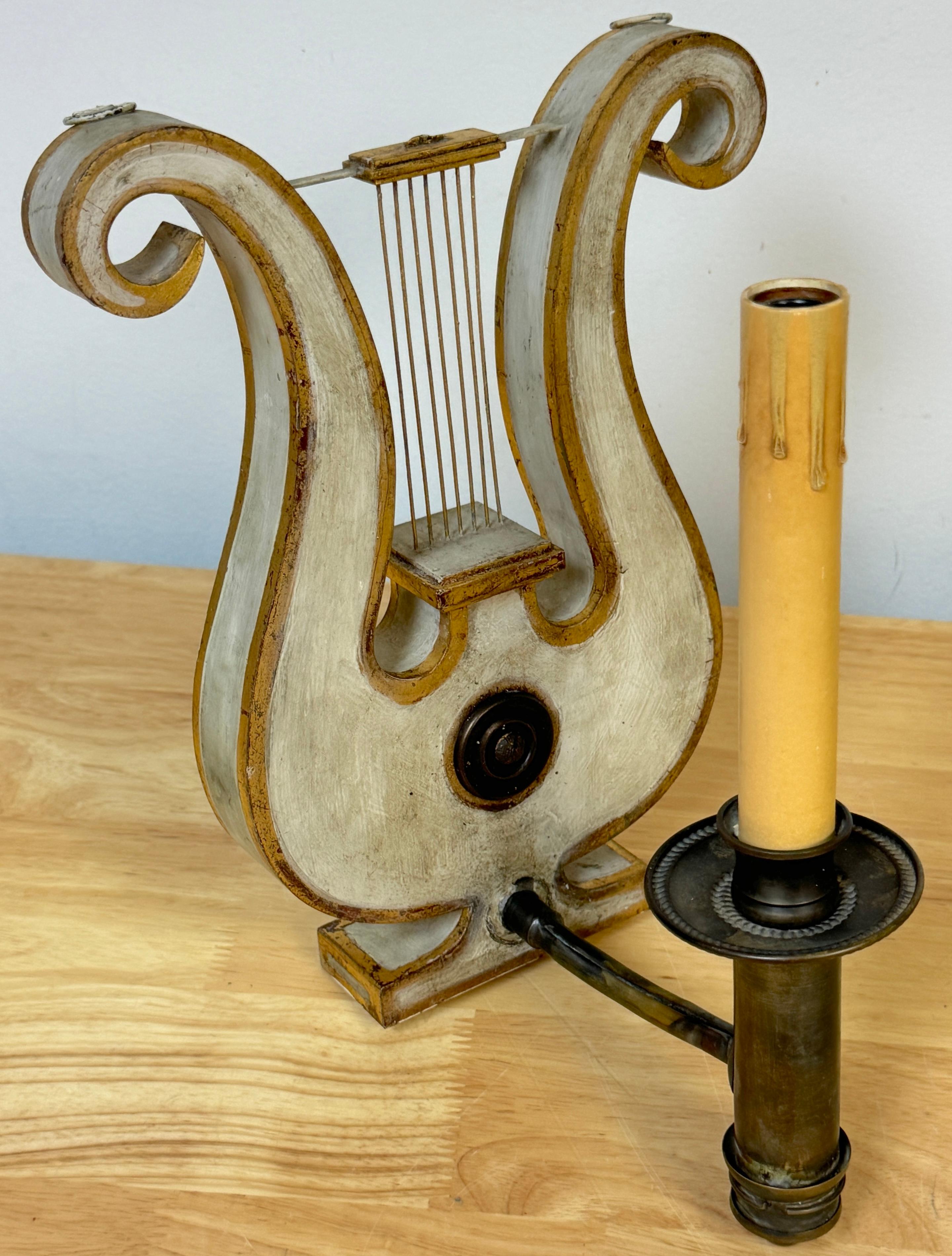 Pair English Regency Gray Painted Tole & Brass Lyre Motif Wall Sconces 2
