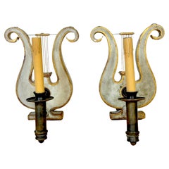 Antique Pair English Regency Gray Painted Tole & Brass Lyre Motif Wall Sconces
