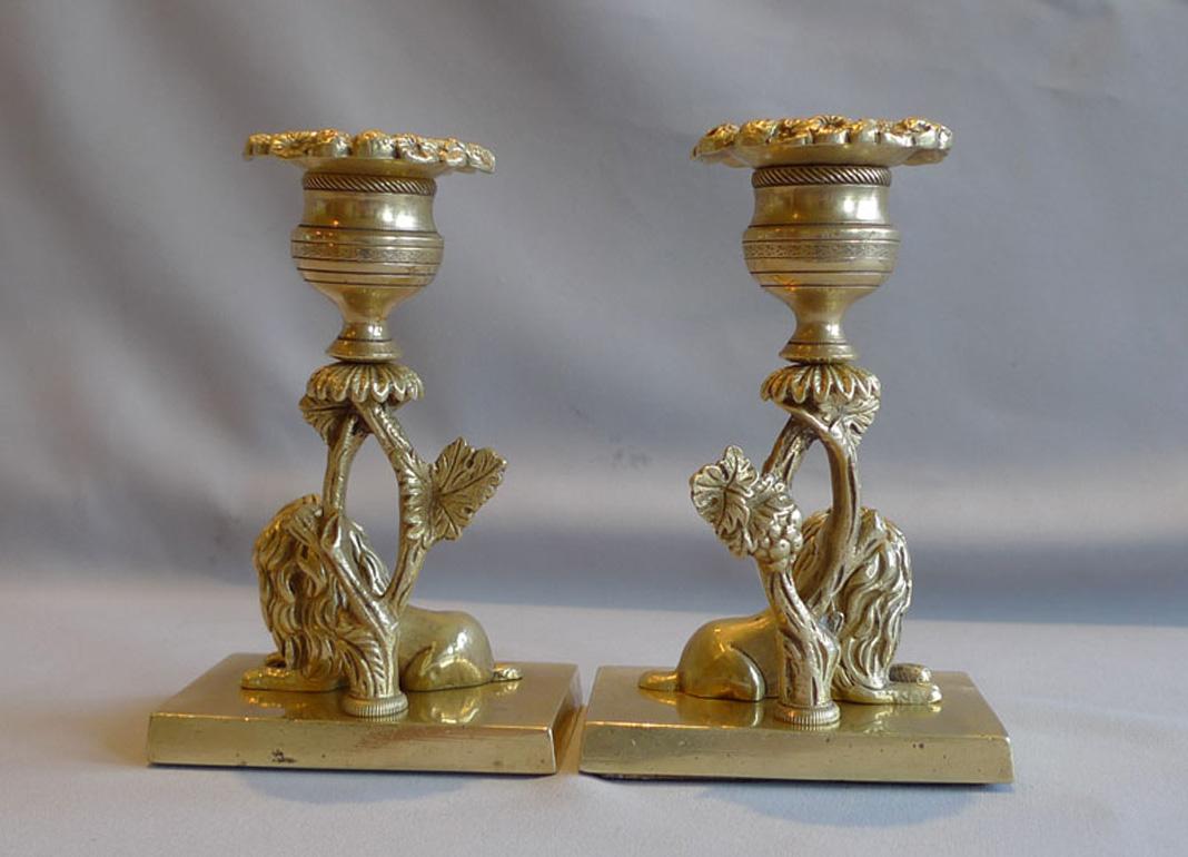 Early 19th Century Pair English Regency naïve ormolu candlesticks with King Charles spaniels For Sale