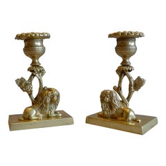 Coppia di candelieri inglesi Regency in ormolu naïf con spaniel King Charles