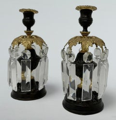 Pair English Regency Ormolu Bronze Crystal Lusters Candlesticks Candelabra 19Ct