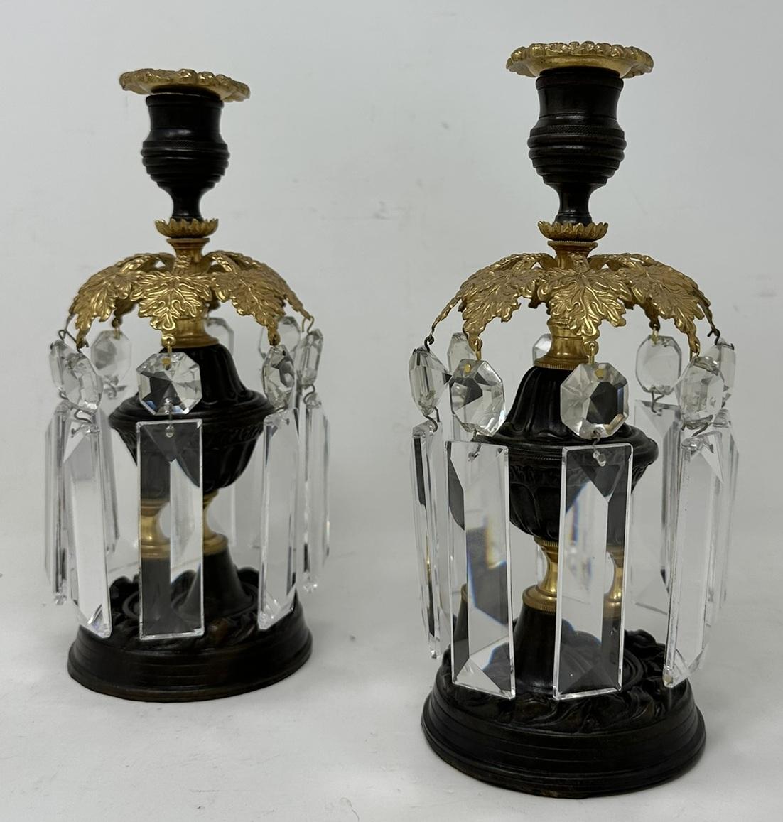 Cast Pair English Regency Ormolu Bronze Crystal Lusters Candlesticks Candelabra 19Ct  For Sale