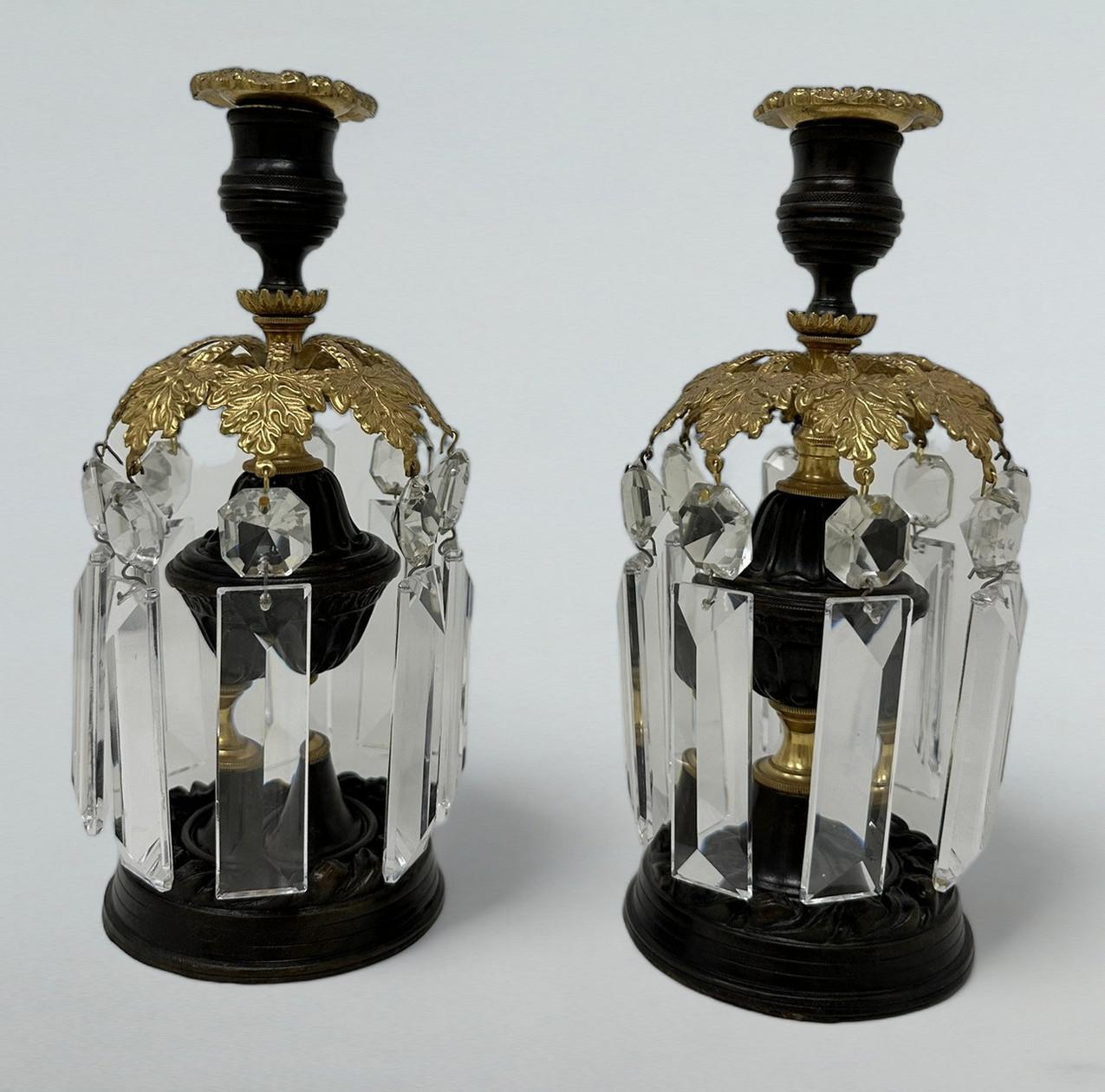 Pair English Regency Ormolu Bronze Crystal Lusters Candlesticks Candelabra 19Ct  In Good Condition For Sale In Dublin, Ireland