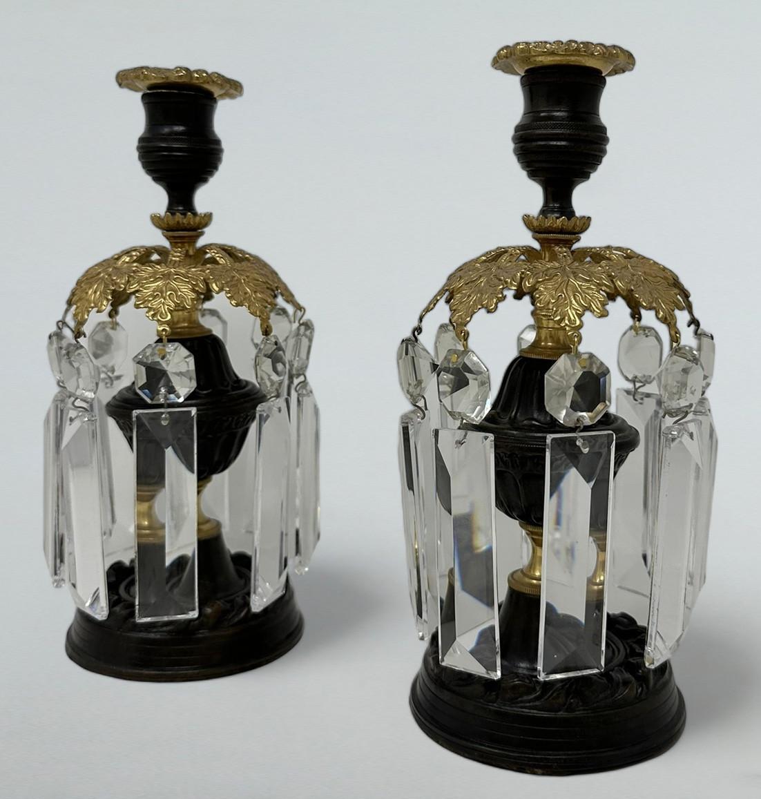 19th Century Pair English Regency Ormolu Bronze Crystal Lusters Candlesticks Candelabra 19Ct  For Sale