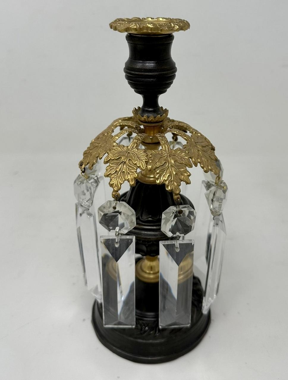 Pair English Regency Ormolu Bronze Crystal Lusters Candlesticks Candelabra 19Ct  For Sale 1