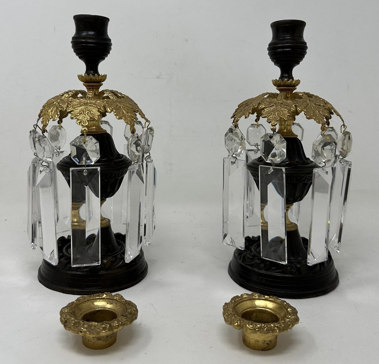Pair English Regency Ormolu Bronze Crystal Lusters Candlesticks Candelabra 19Ct  For Sale 3