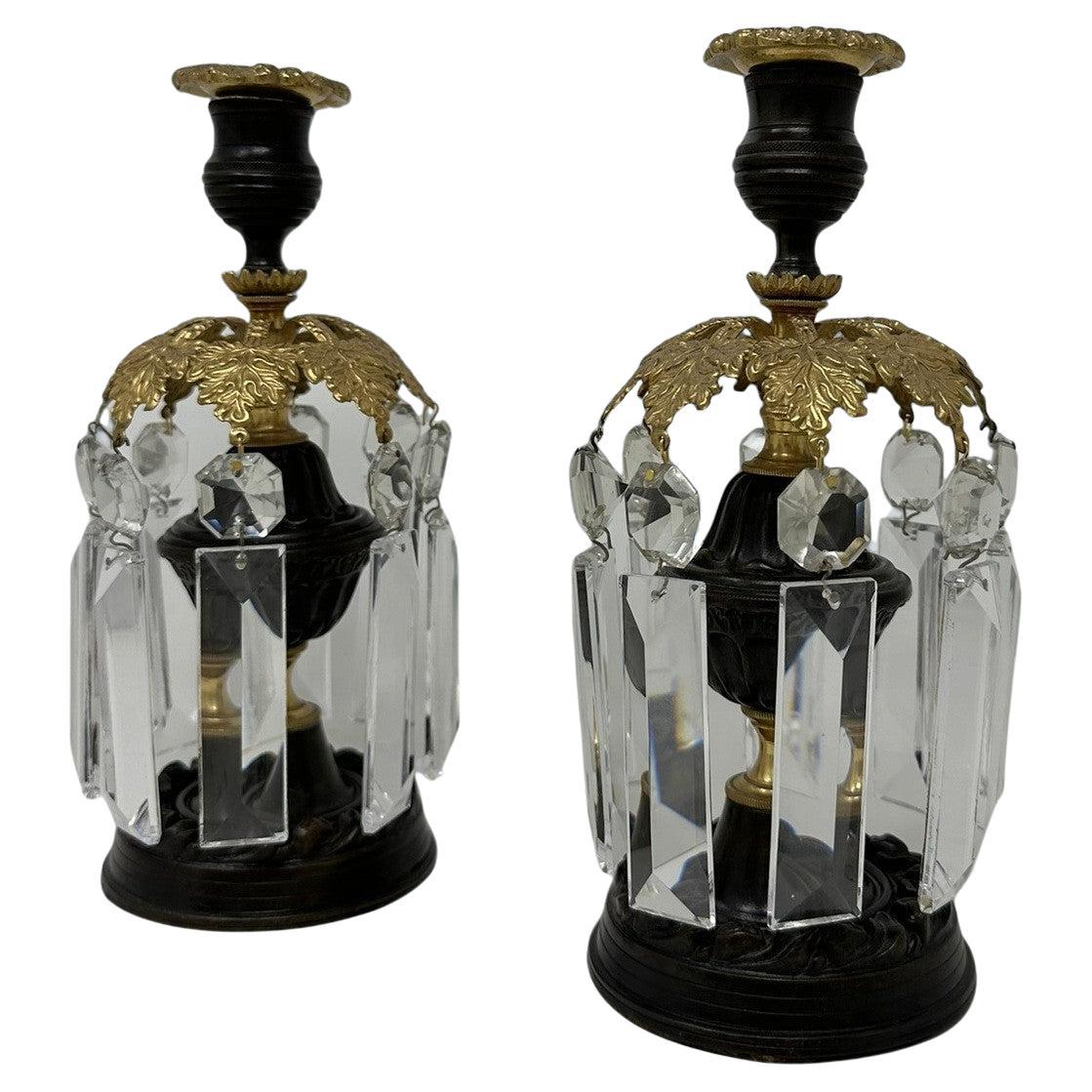 Pair English Regency Ormolu Bronze Crystal Lusters Candlesticks Candelabra 19Ct  For Sale