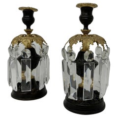 Pair English Regency Ormolu Bronze Crystal Lusters Candlesticks Candelabra 19Ct 