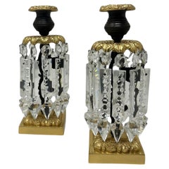 Pair English Regency Ormolu Bronze Crystal Lusters Candlesticks Candelabra 19Ct