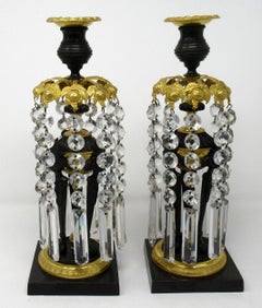 Pair English French Regency Ormolu Bronze Dore Candlesticks Lusters, circa 1815