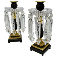 Pair of English Regency Ormolu Bronze Doré Crystal Candlesticks Lustres